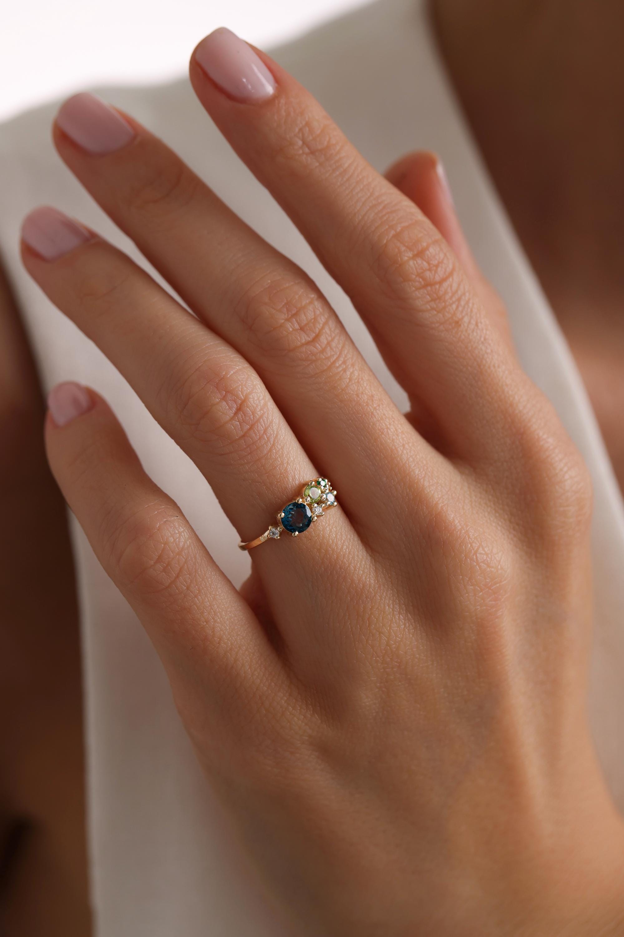14K Solid Gold Blue Gemstone Cluster Ring