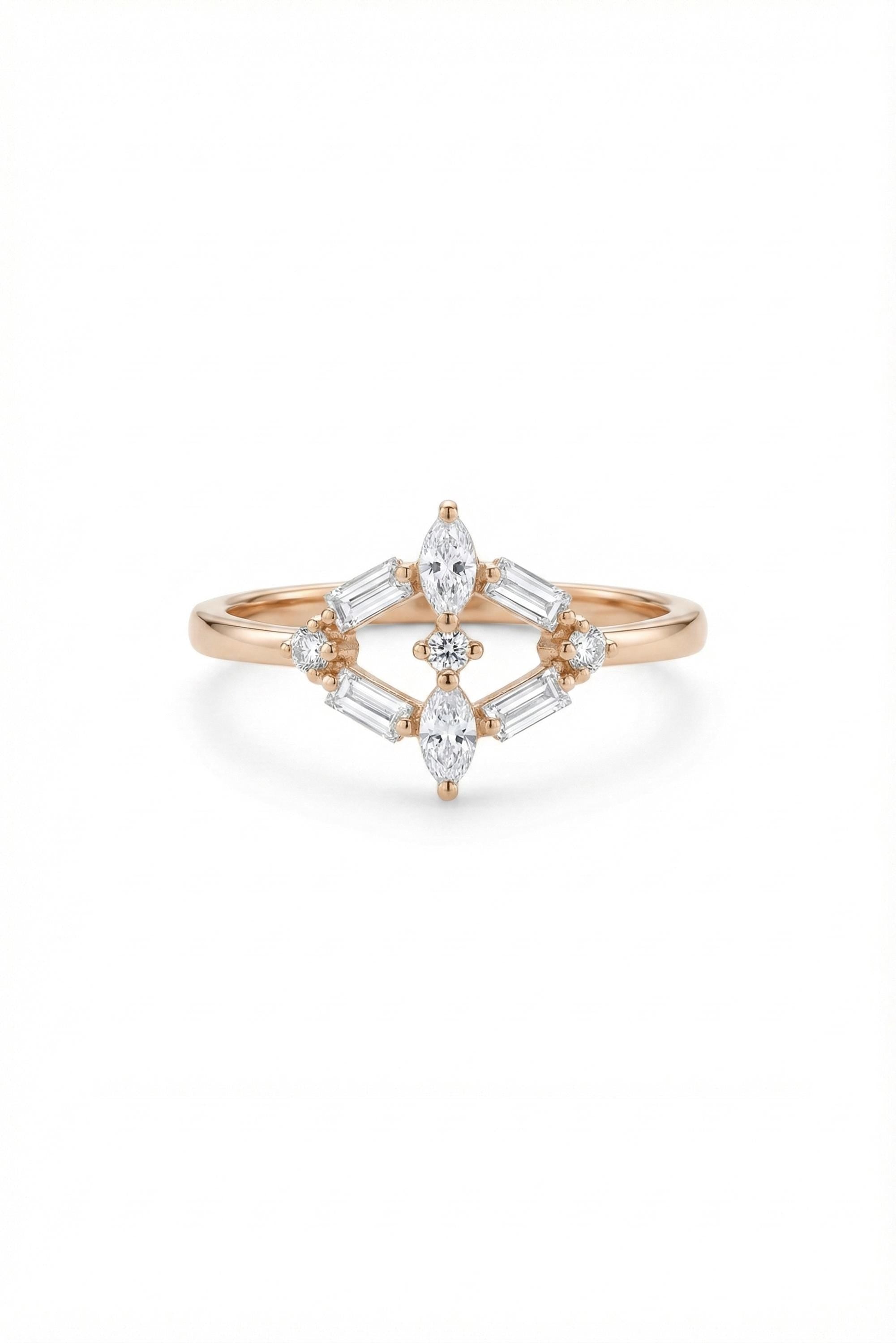 14K Gold Mixed Cut Baguette Marquise Chevron Ring