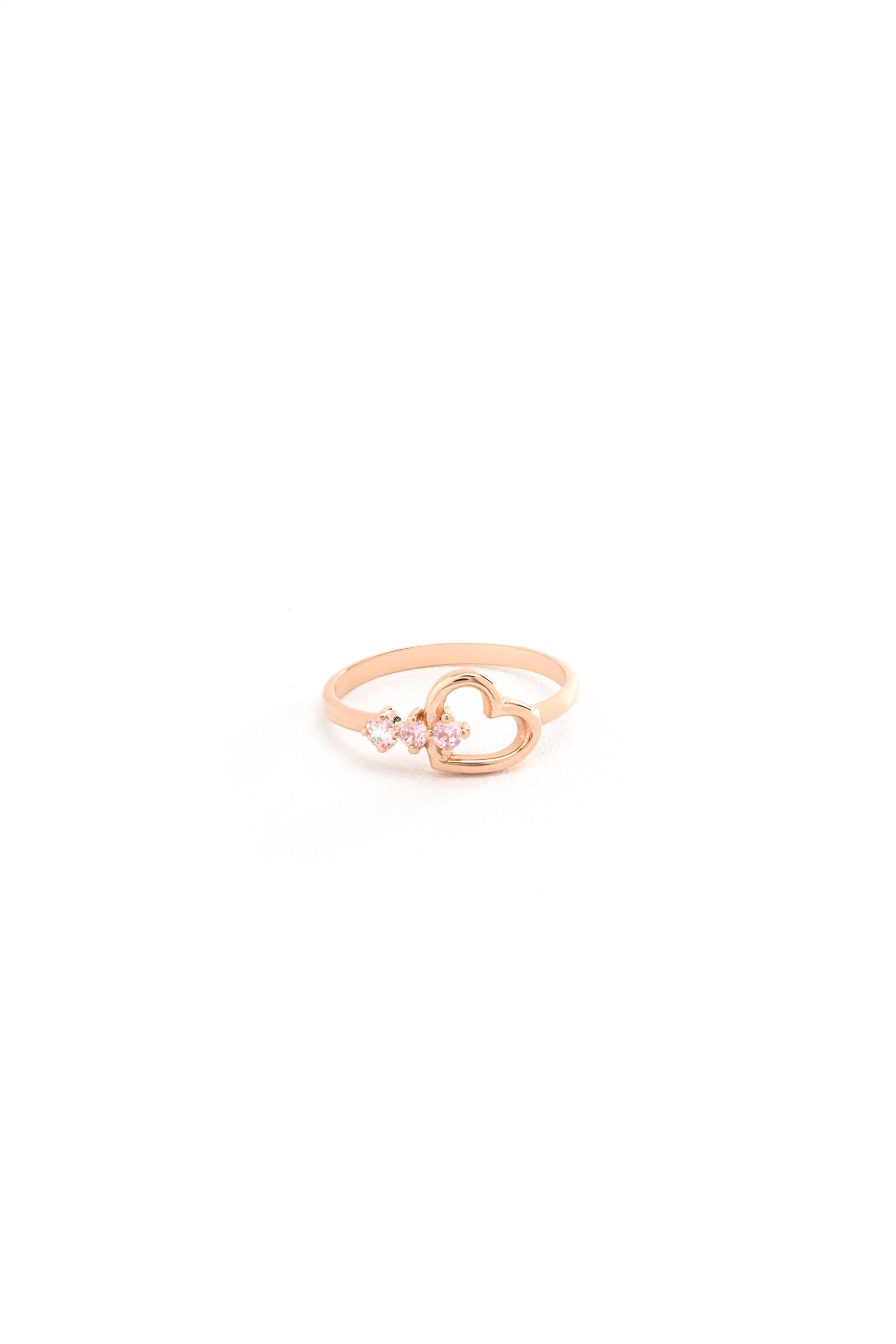14K Gold Pink Heart Three Stone Ring