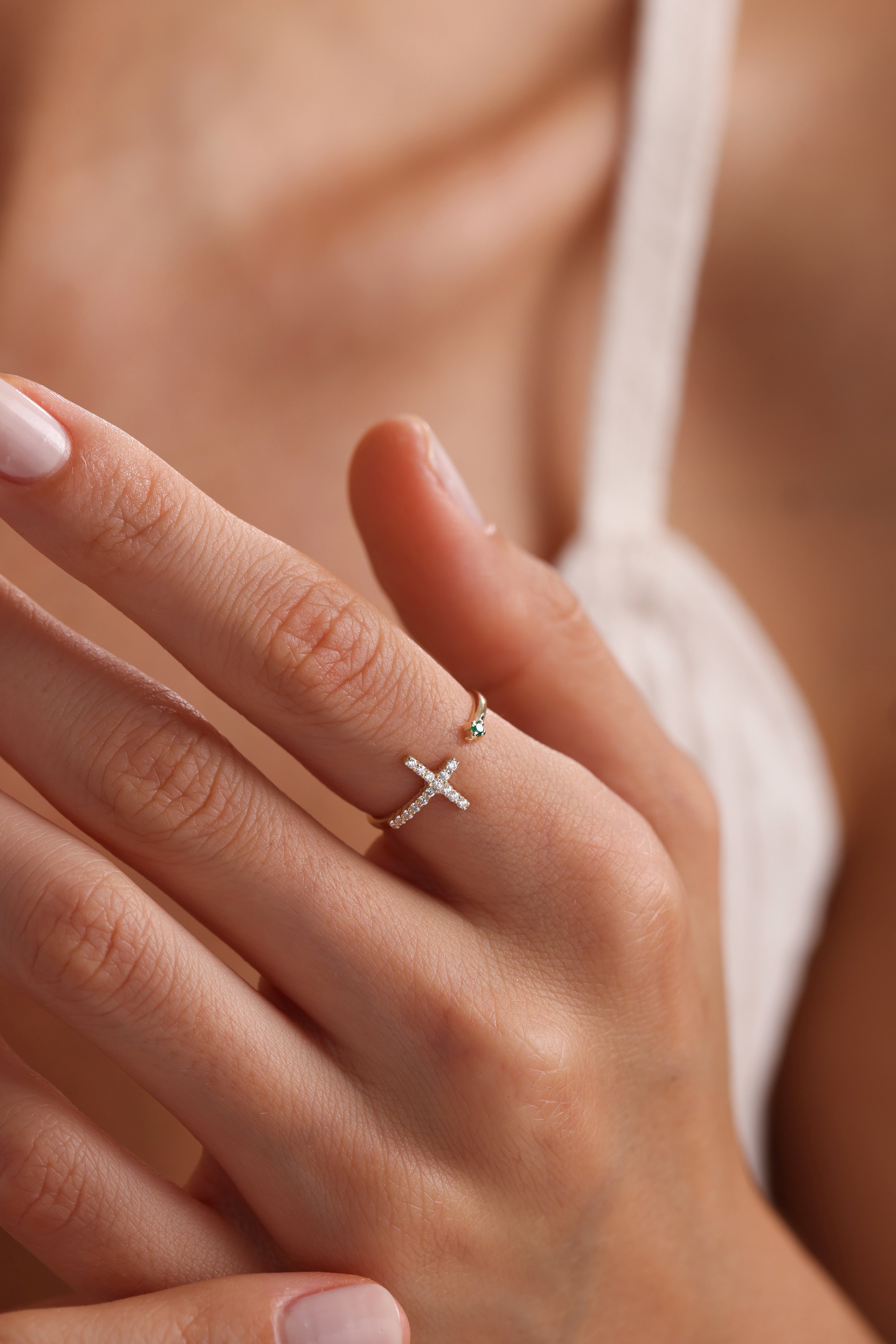 14k Gold Diamond Cross Open Ring with Emerald Accent