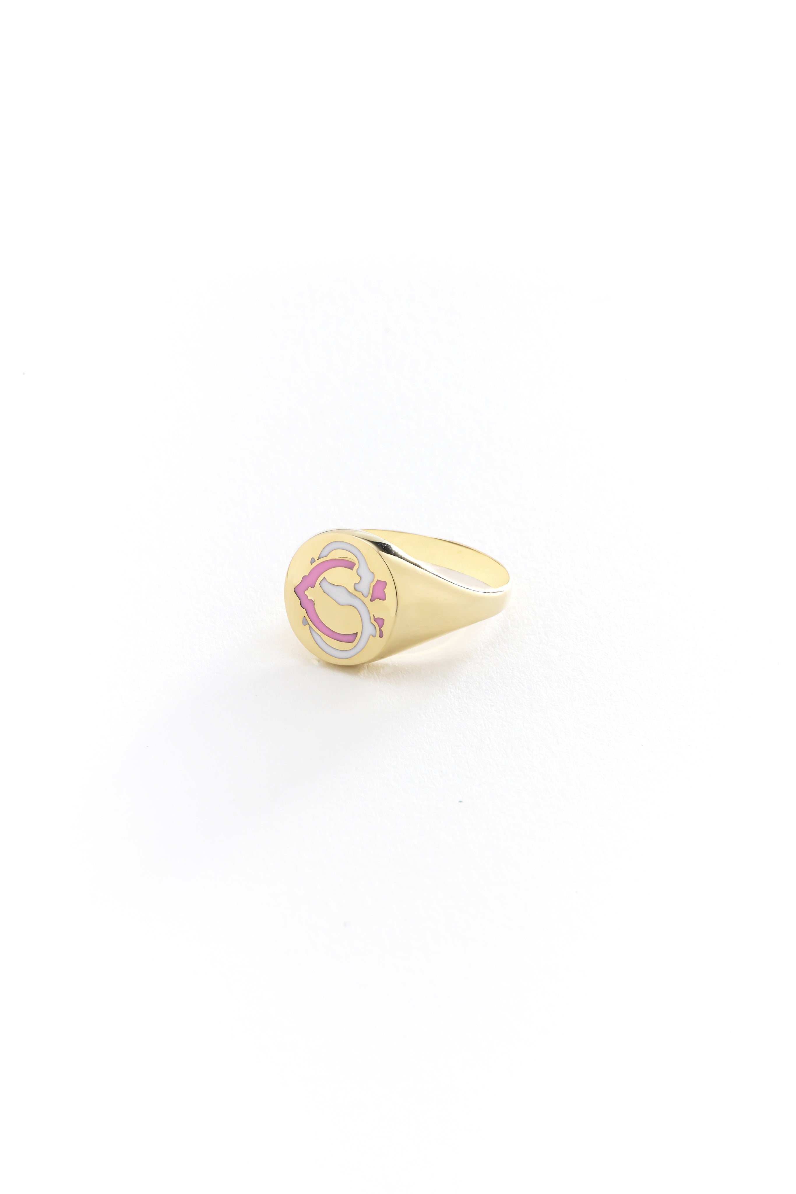 14k Gold Enamel Engraved Signet Ring