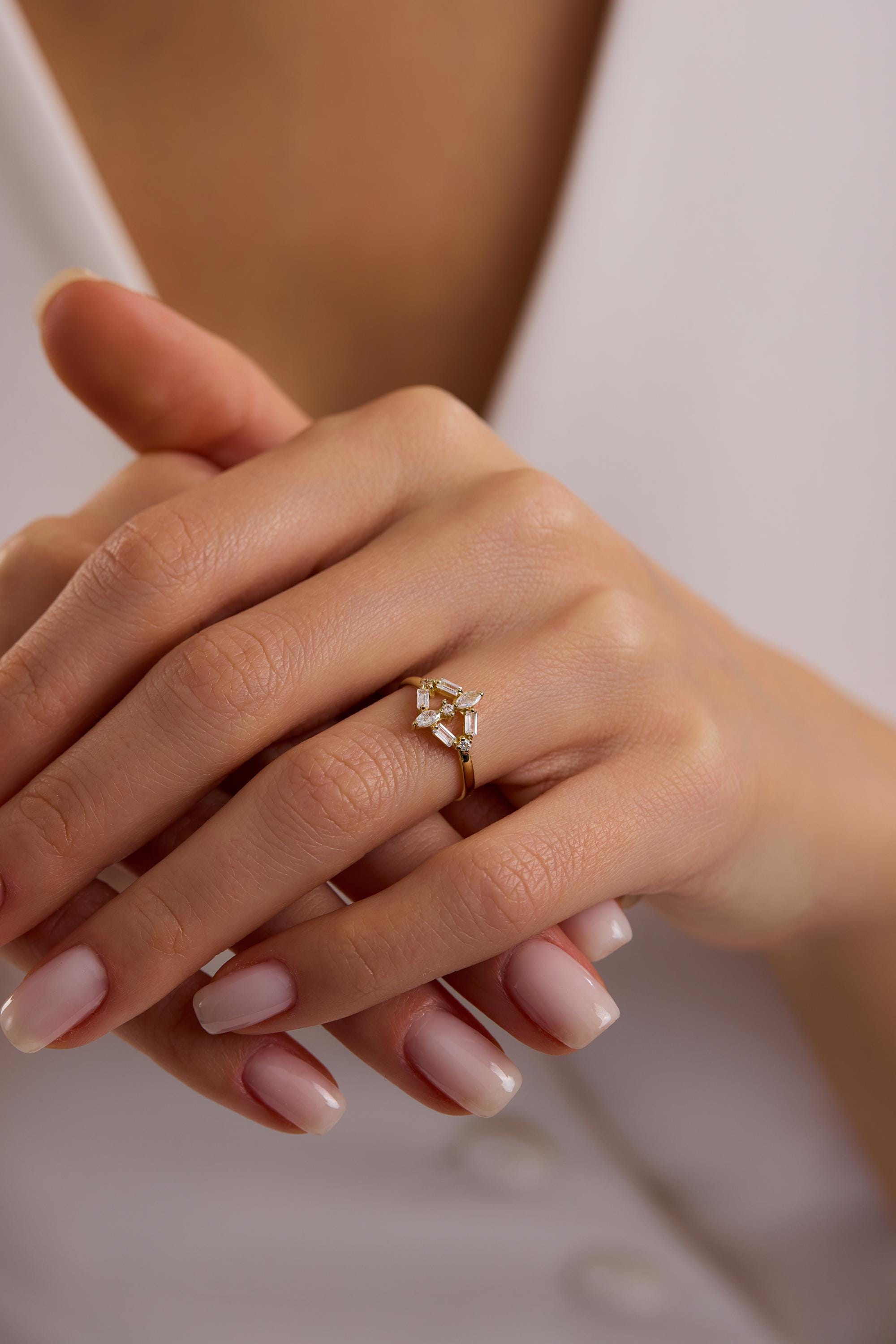14K Gold Mixed Cut Baguette Marquise Chevron Ring
