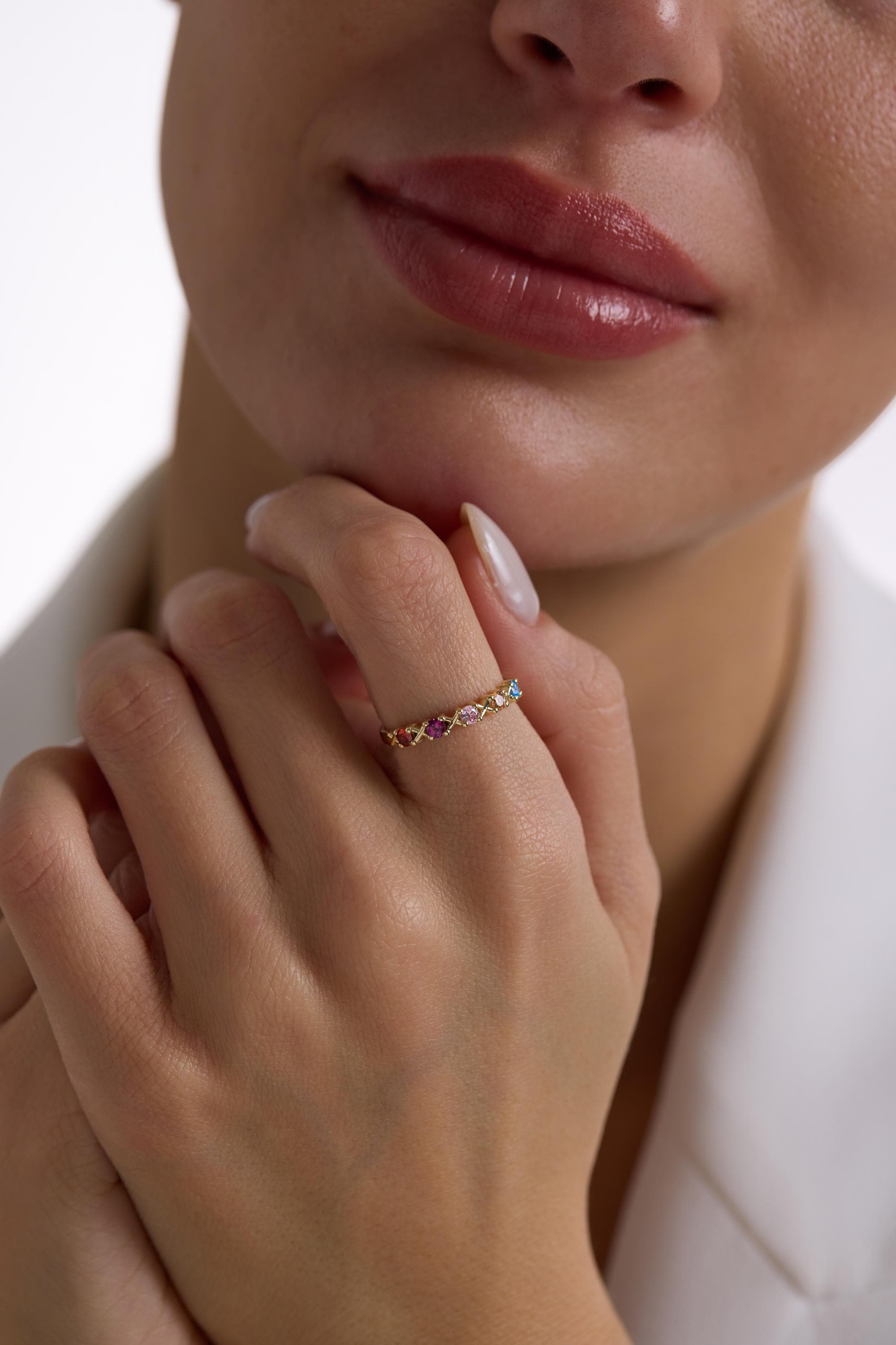 14K Solid Gold Rainbow Gemstone Band Ring