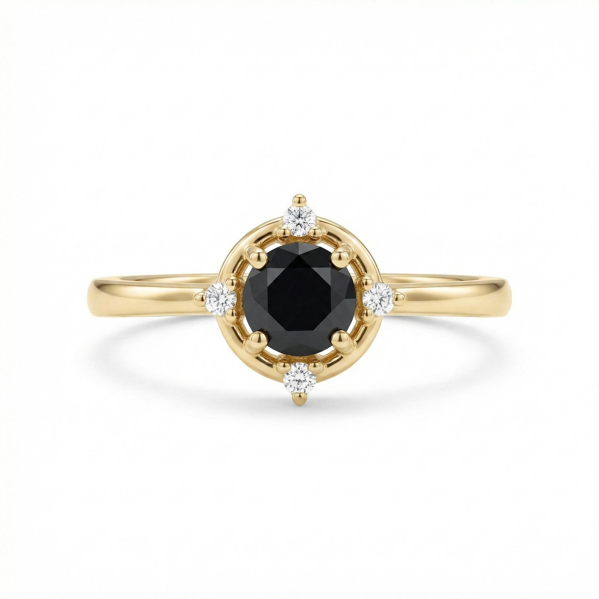14K Gold Black Stone Halo Ring Minimal Round Center Accent Ring
