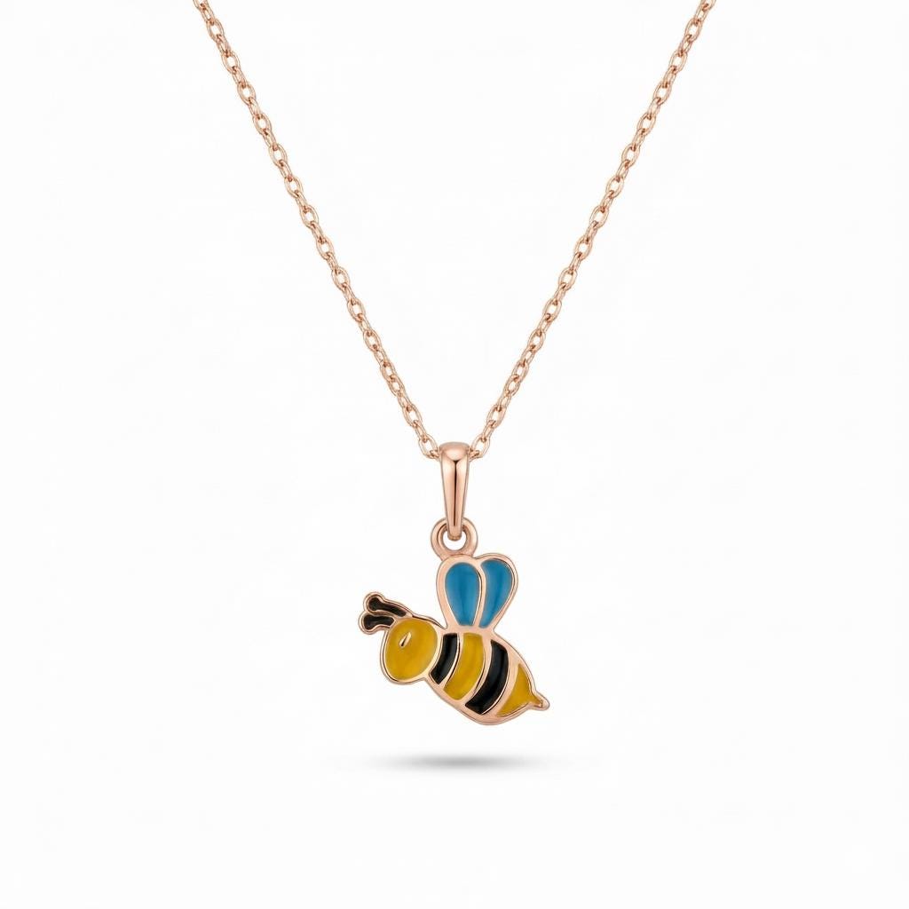 14K Gold Enamel Bumblebee Pendant Necklace