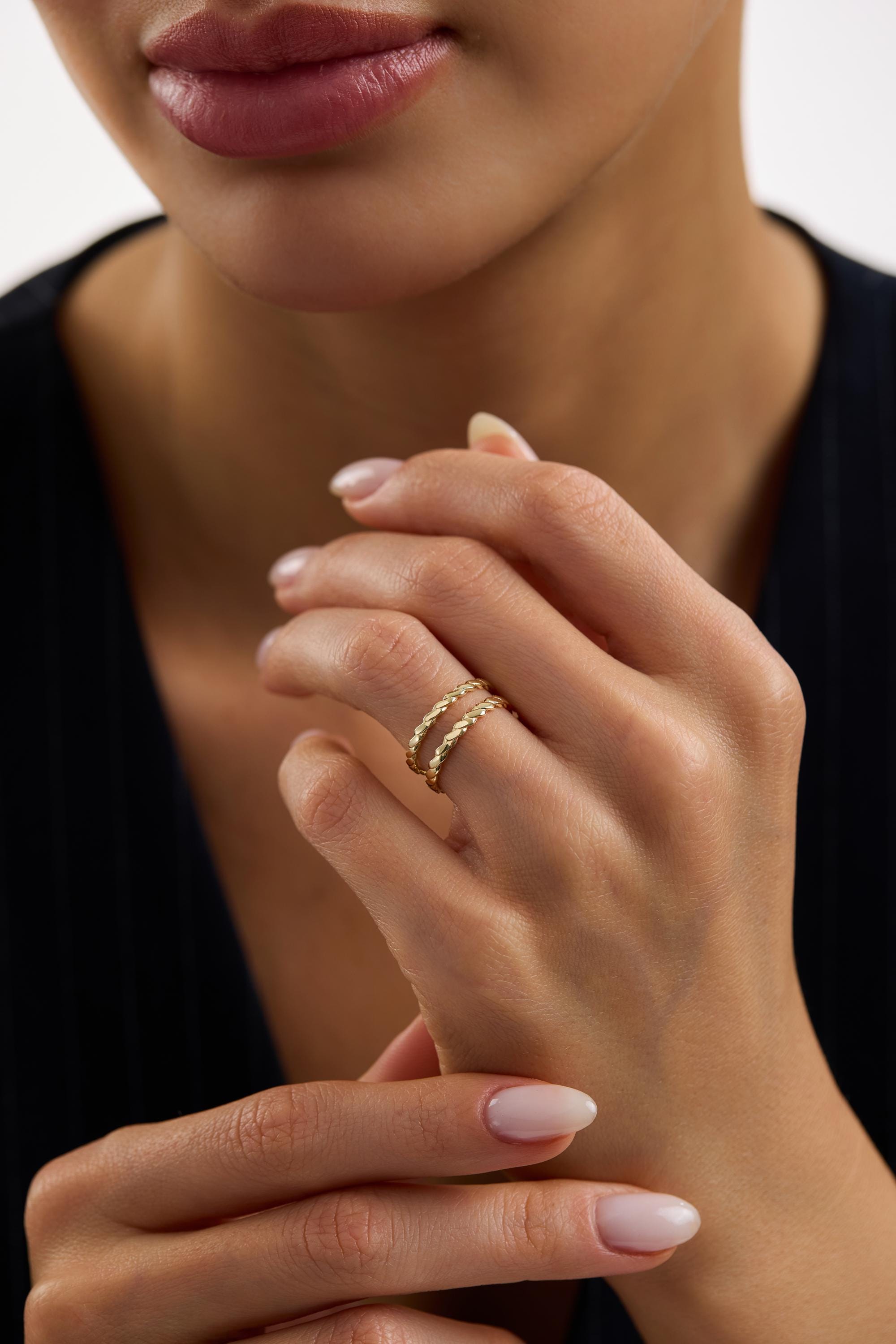 14K Gold Twisted Rope Ring Minimal Braided Stackable Band