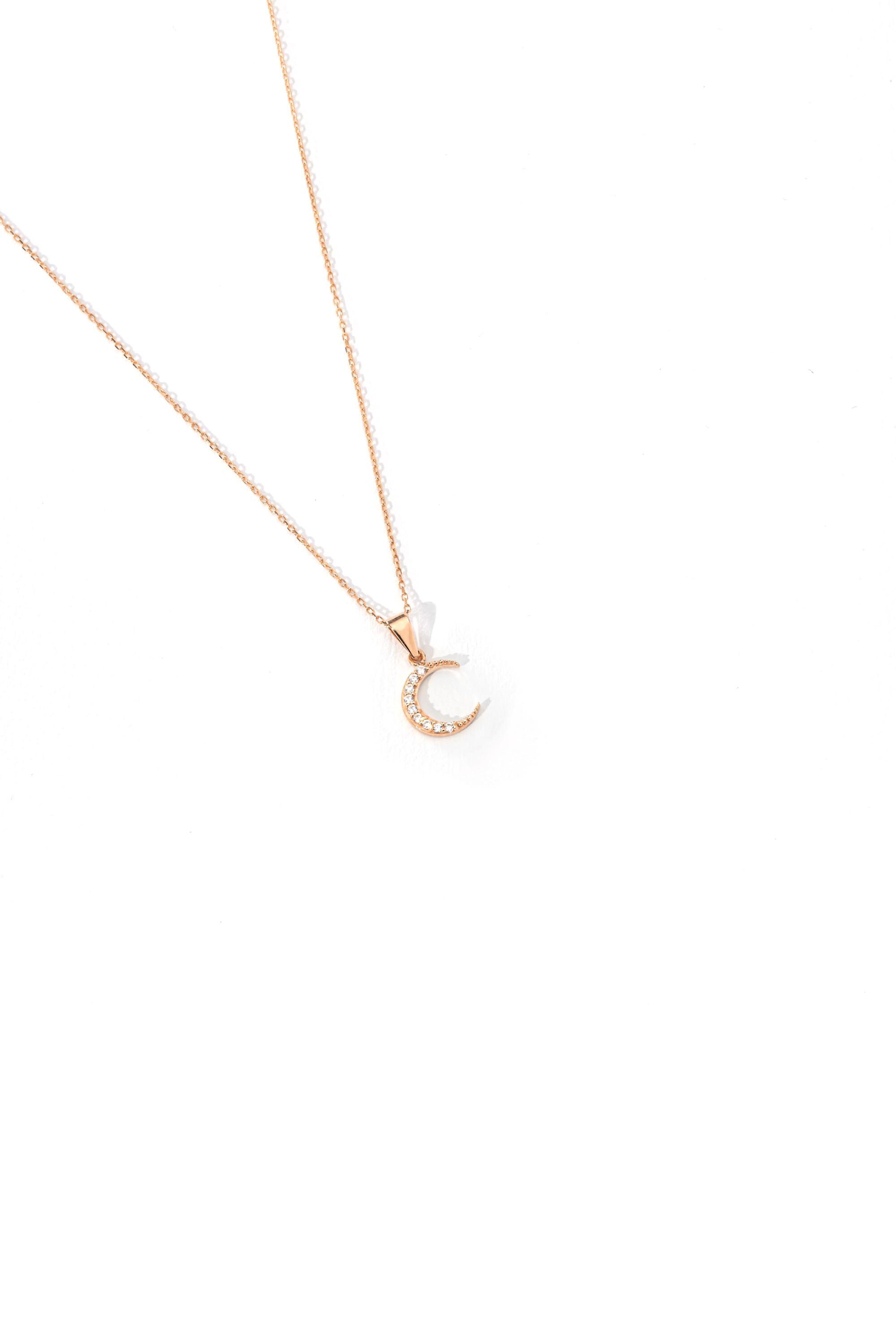 14K Solid Gold Crescent Moon Necklace