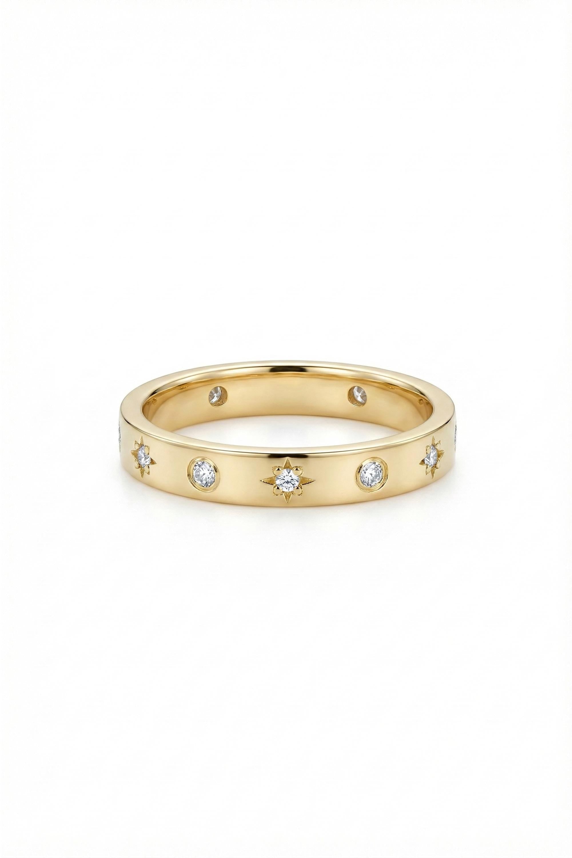 14K Gold Starburst Flush Set Diamond Band
