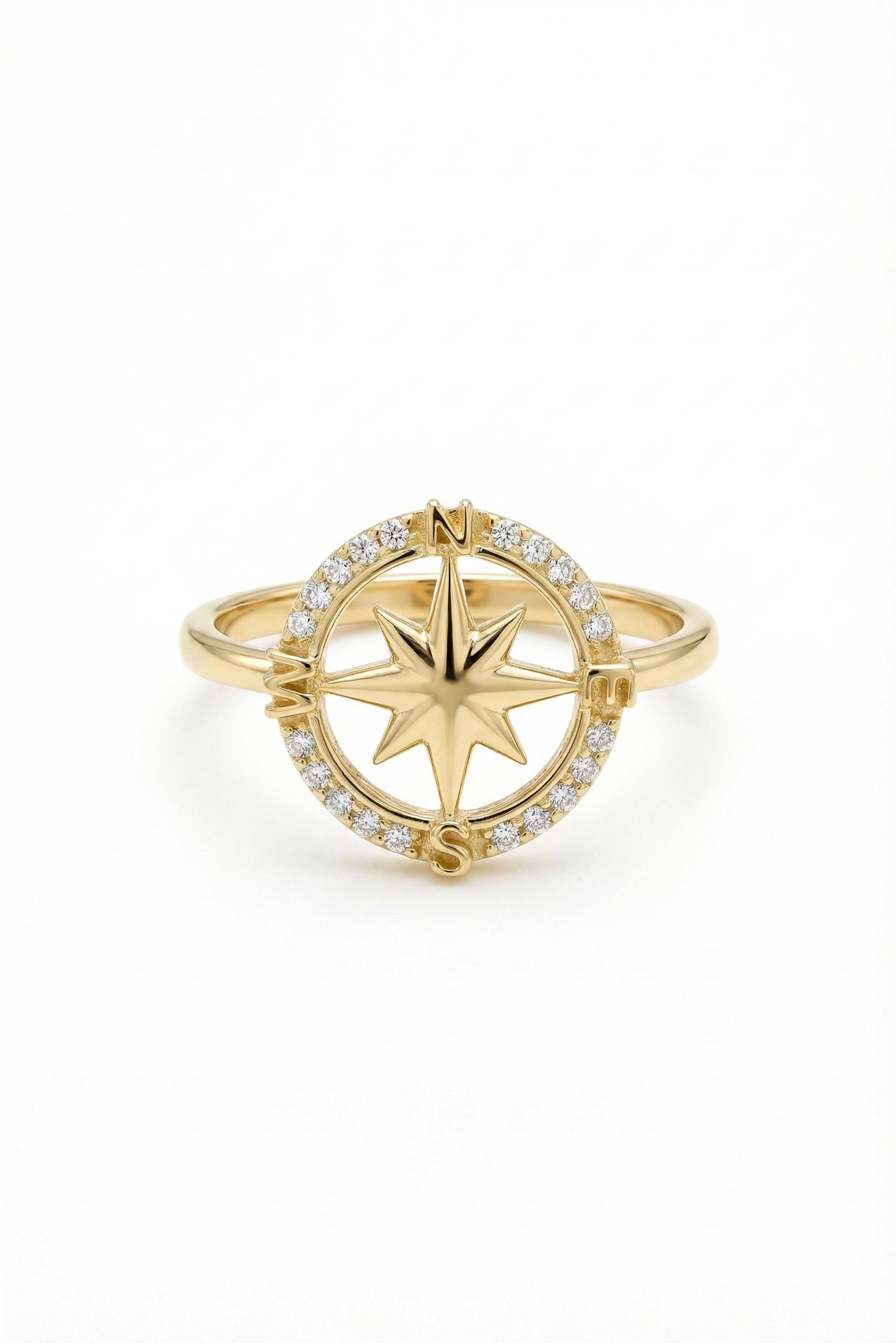 14K Gold Compass Starburst Pavé Halo Ring