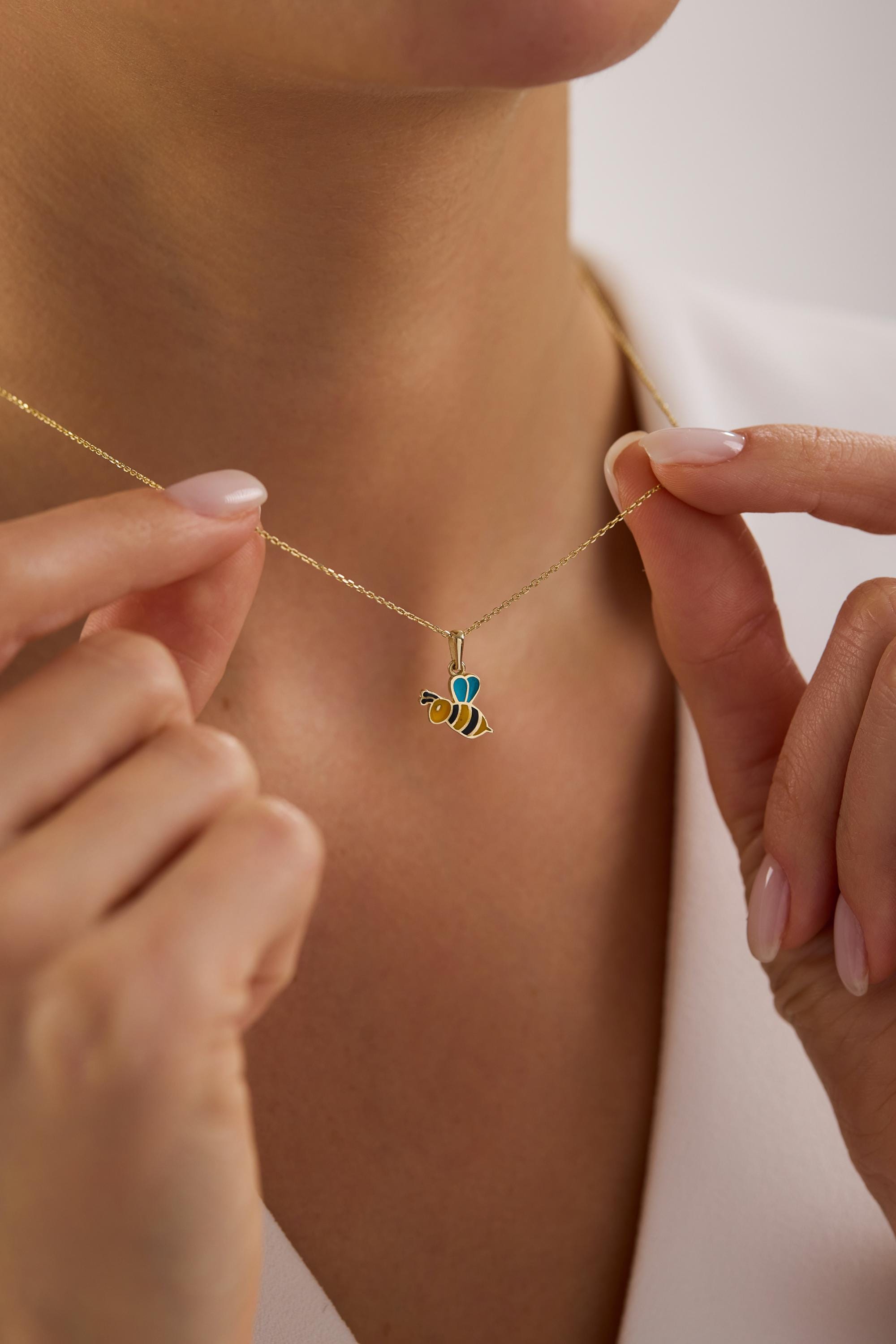 14K Gold Enamel Bumblebee Pendant Necklace