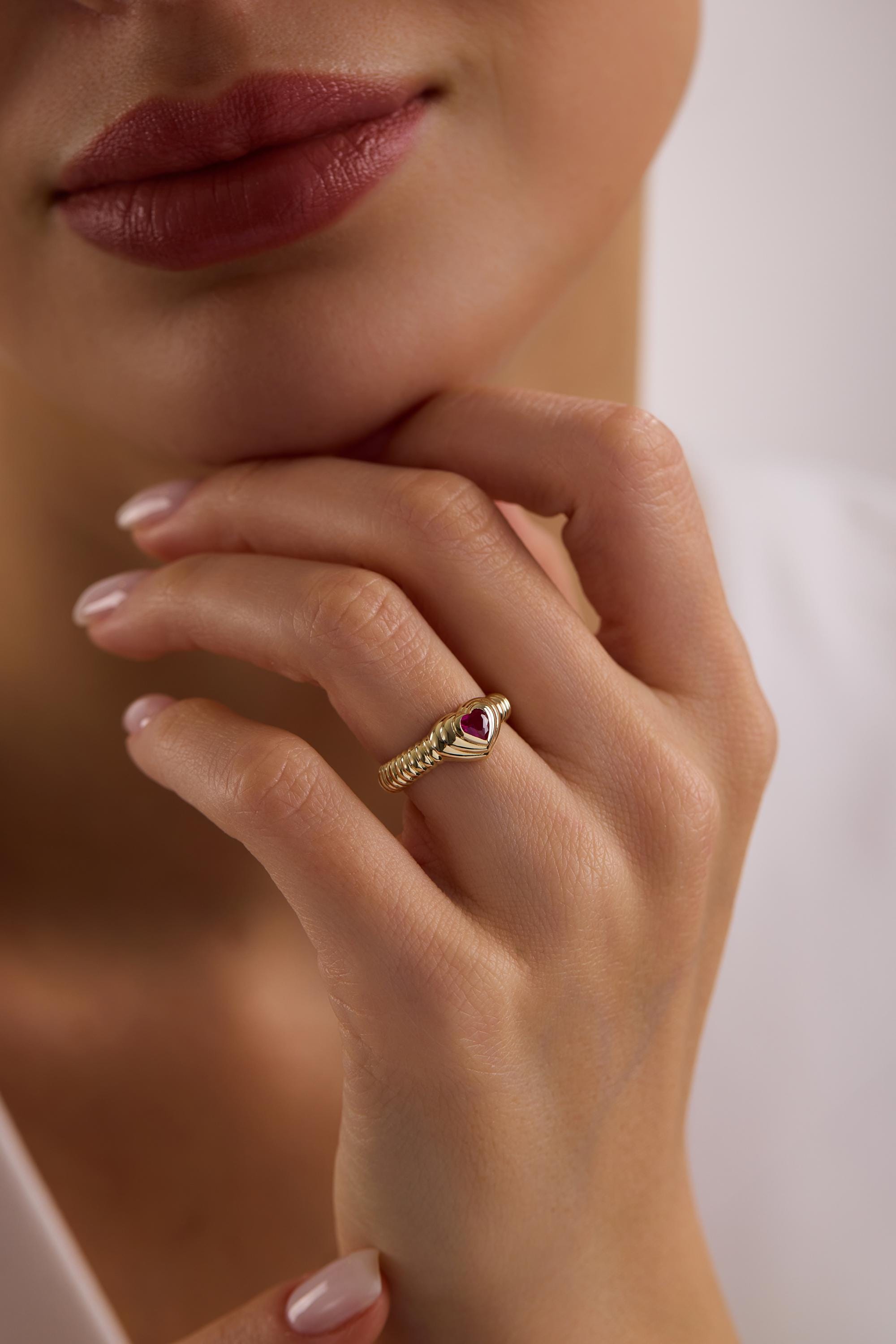 14K Solid Gold Twisted Rope Red Gemstone Ring