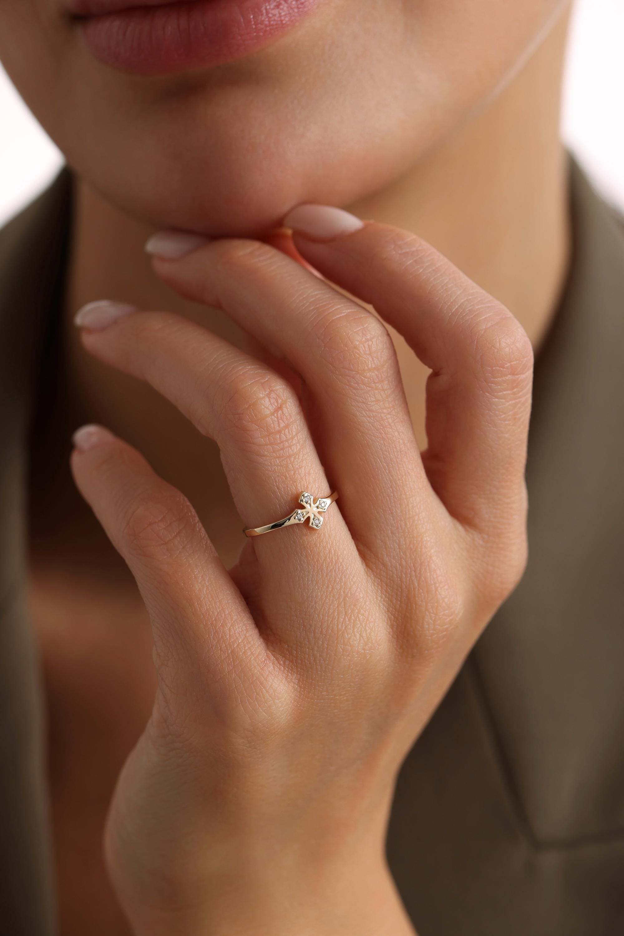14K Pave Cz Cross Ring