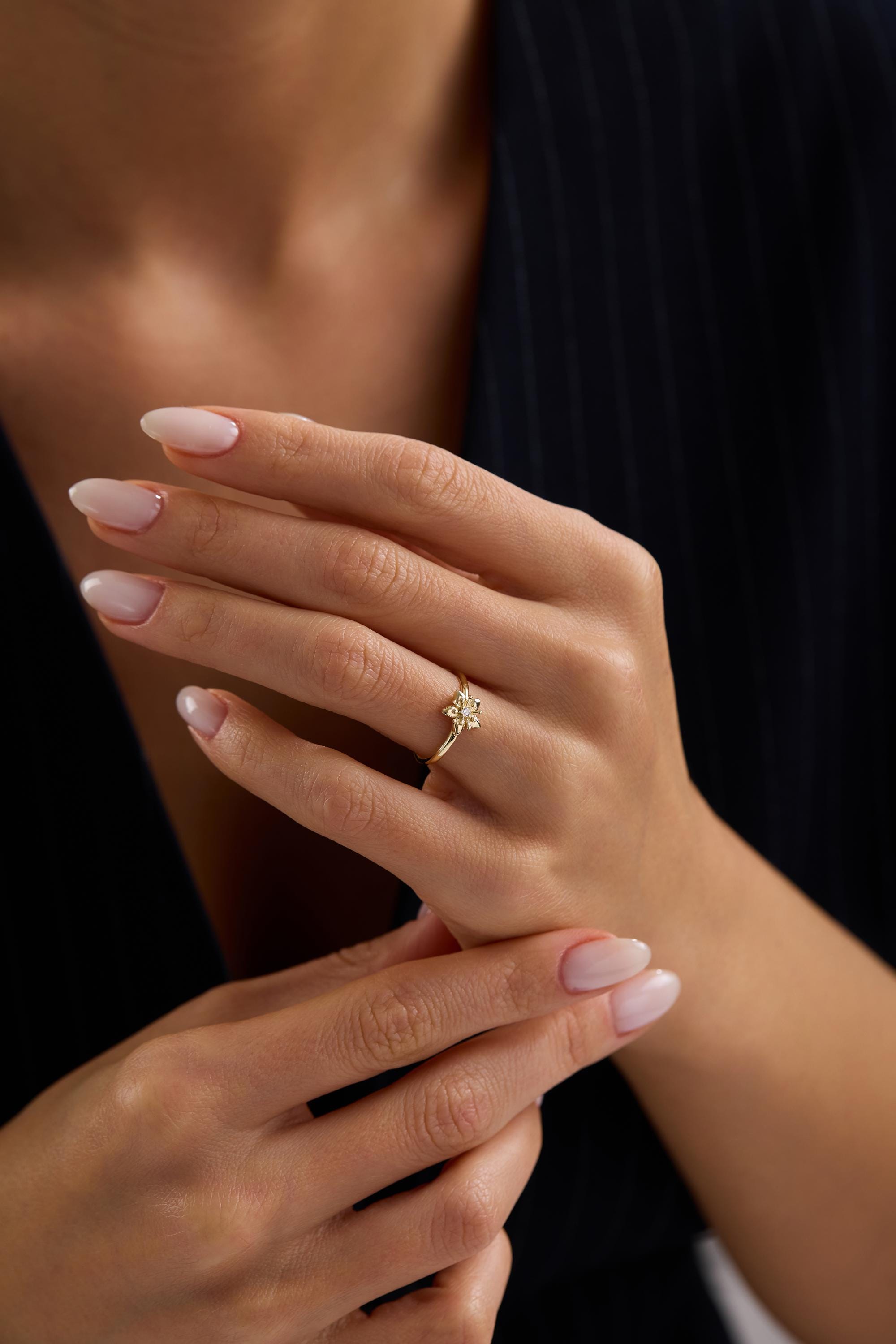 14K Solid Gold Floral Diamond Ring