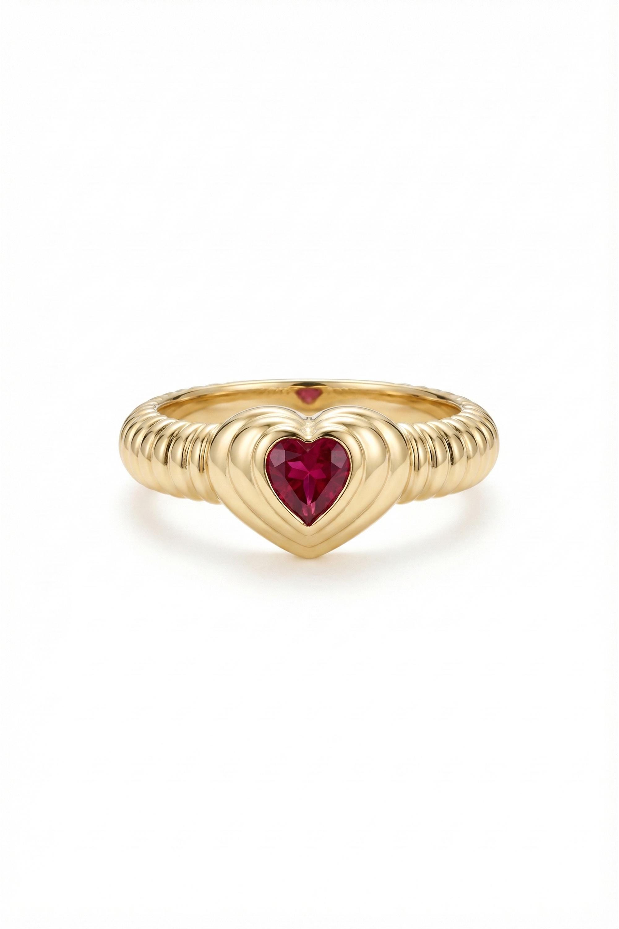 14K Solid Gold Twisted Rope Red Gemstone Ring