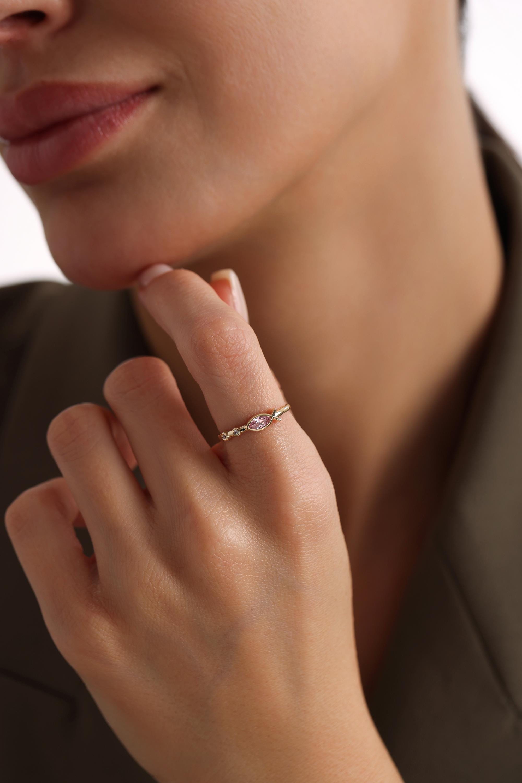 14K Solid Gold Pink Sapphire Fish Ring