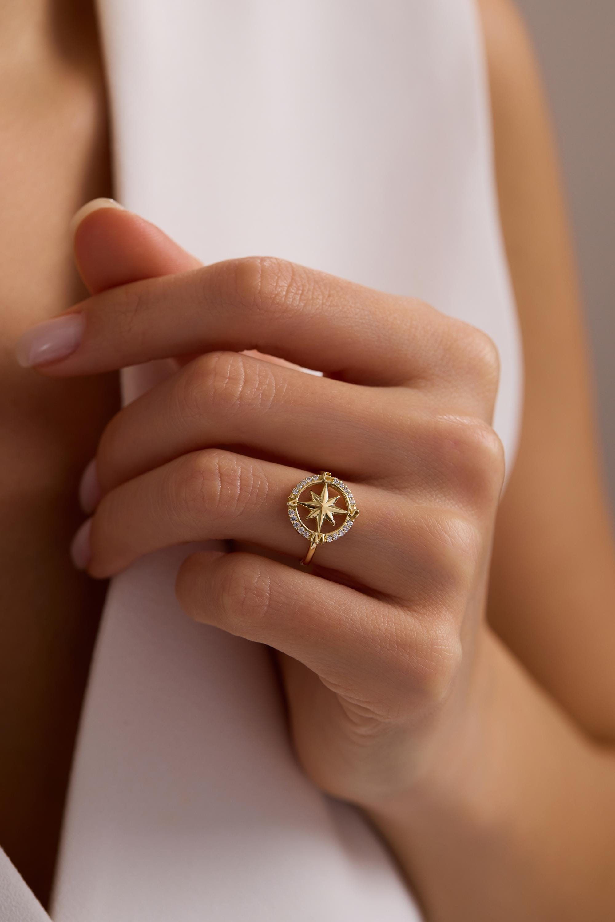 14K Gold Compass Starburst Pavé Halo Ring