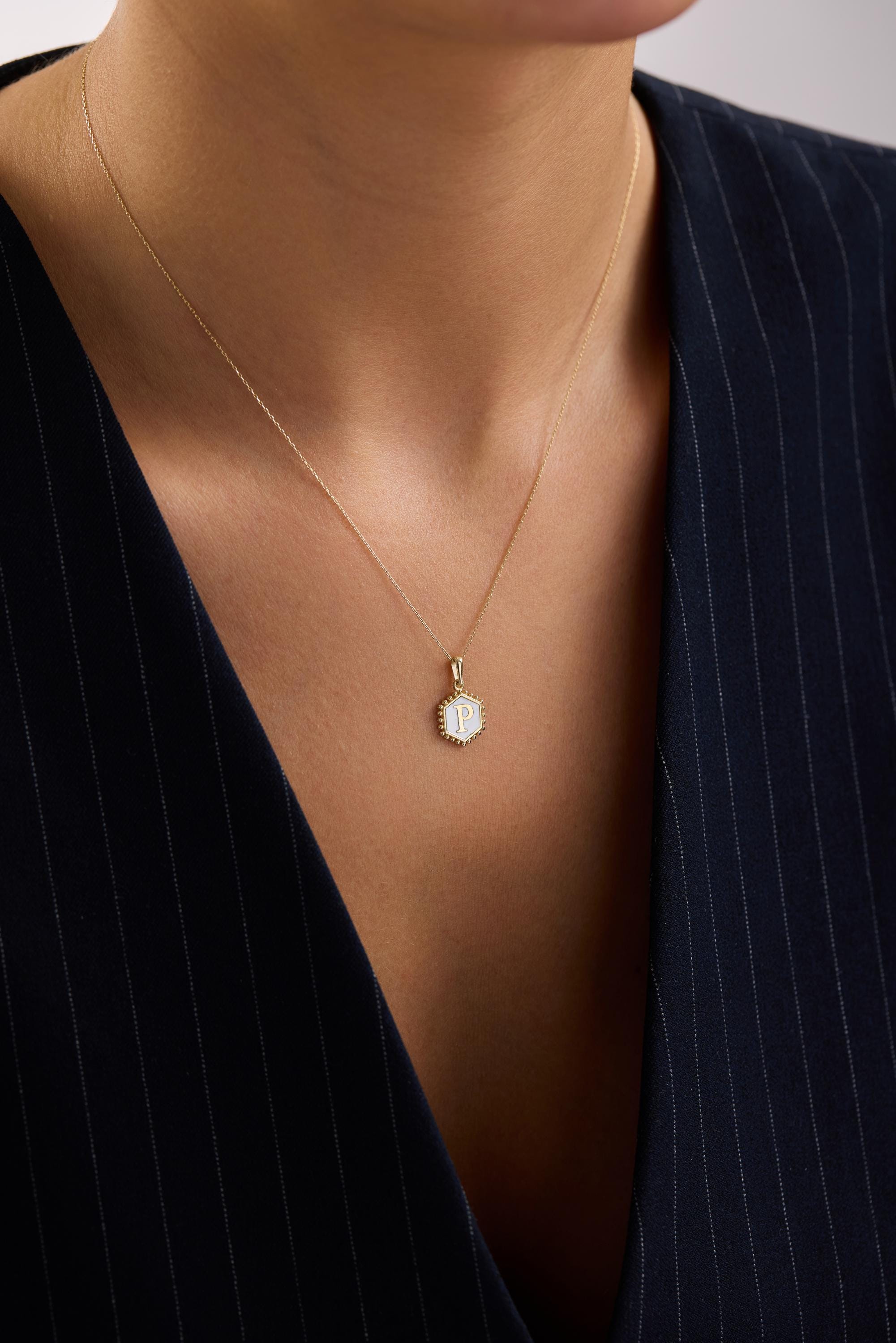 14K Gold Initial Hexagon Necklace