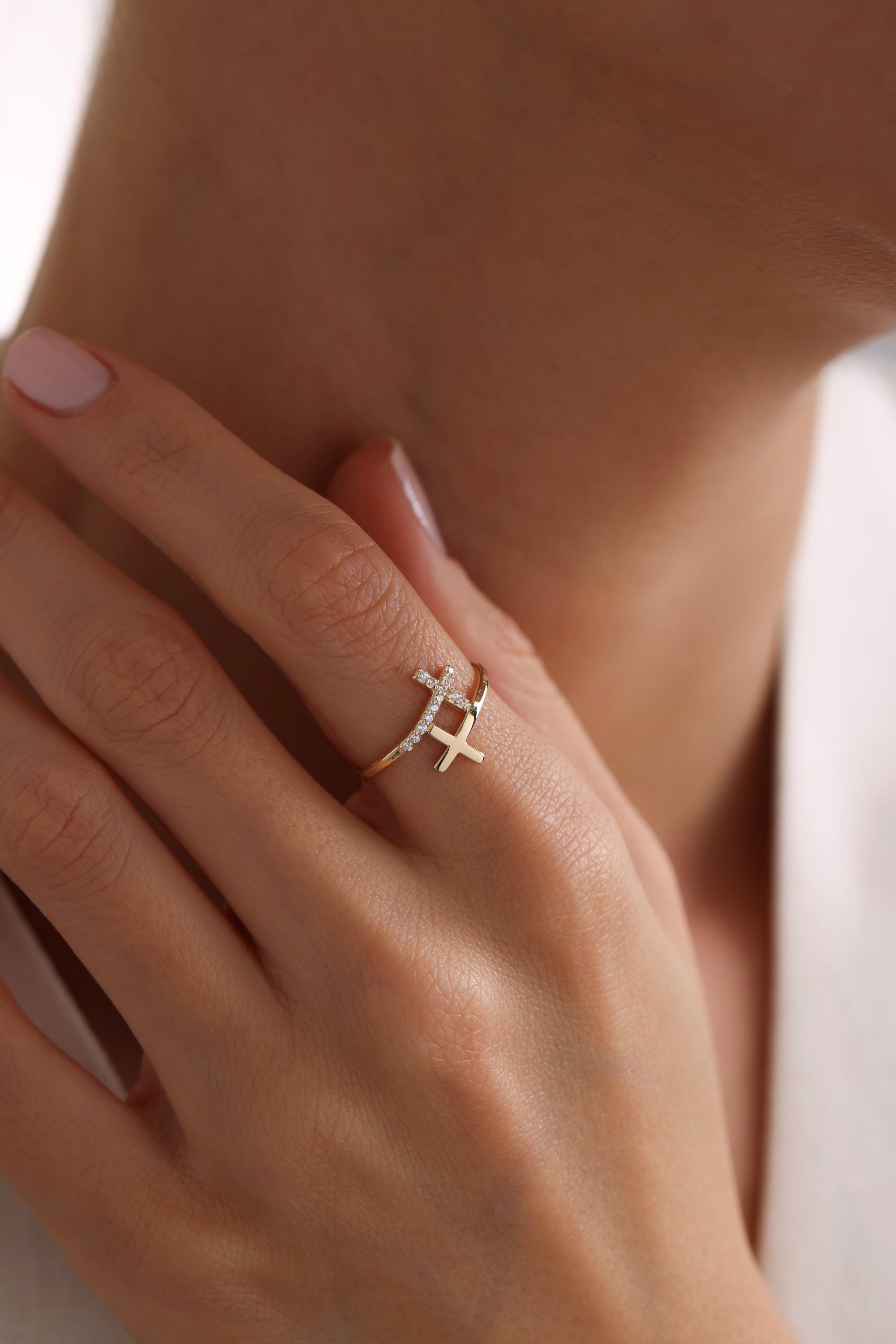 14K Gold Double Cross Bypass Ring