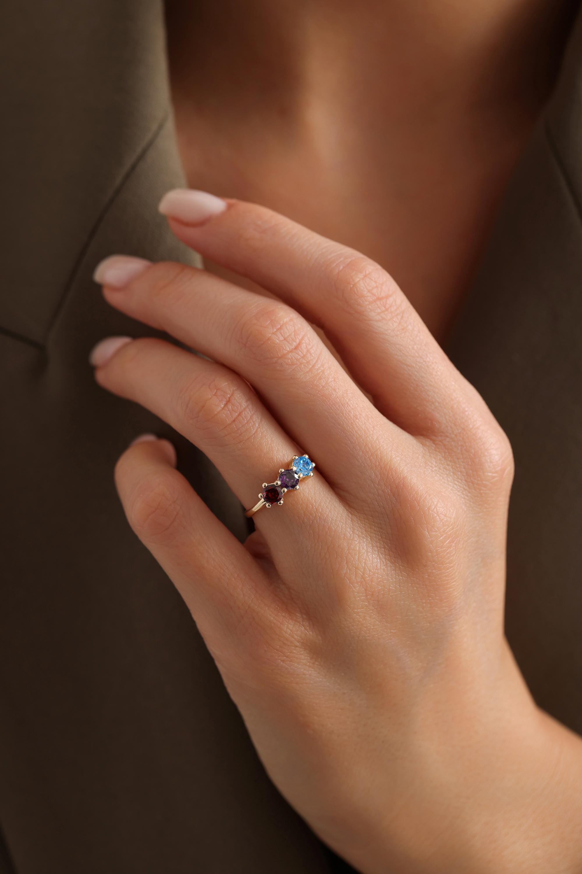 14K Solid Gold Multicolor Three Stone Ring