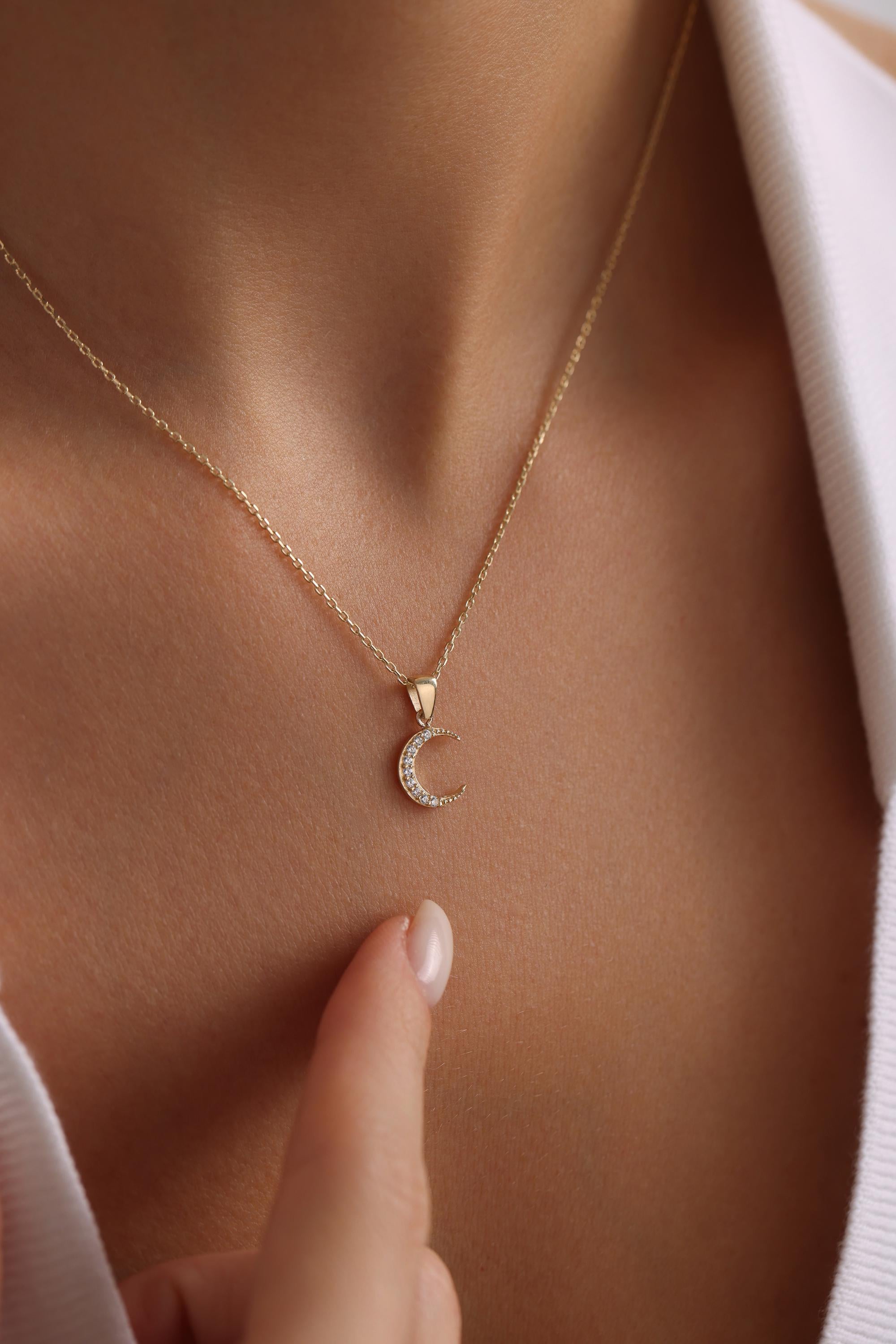 14K Solid Gold Crescent Moon Necklace