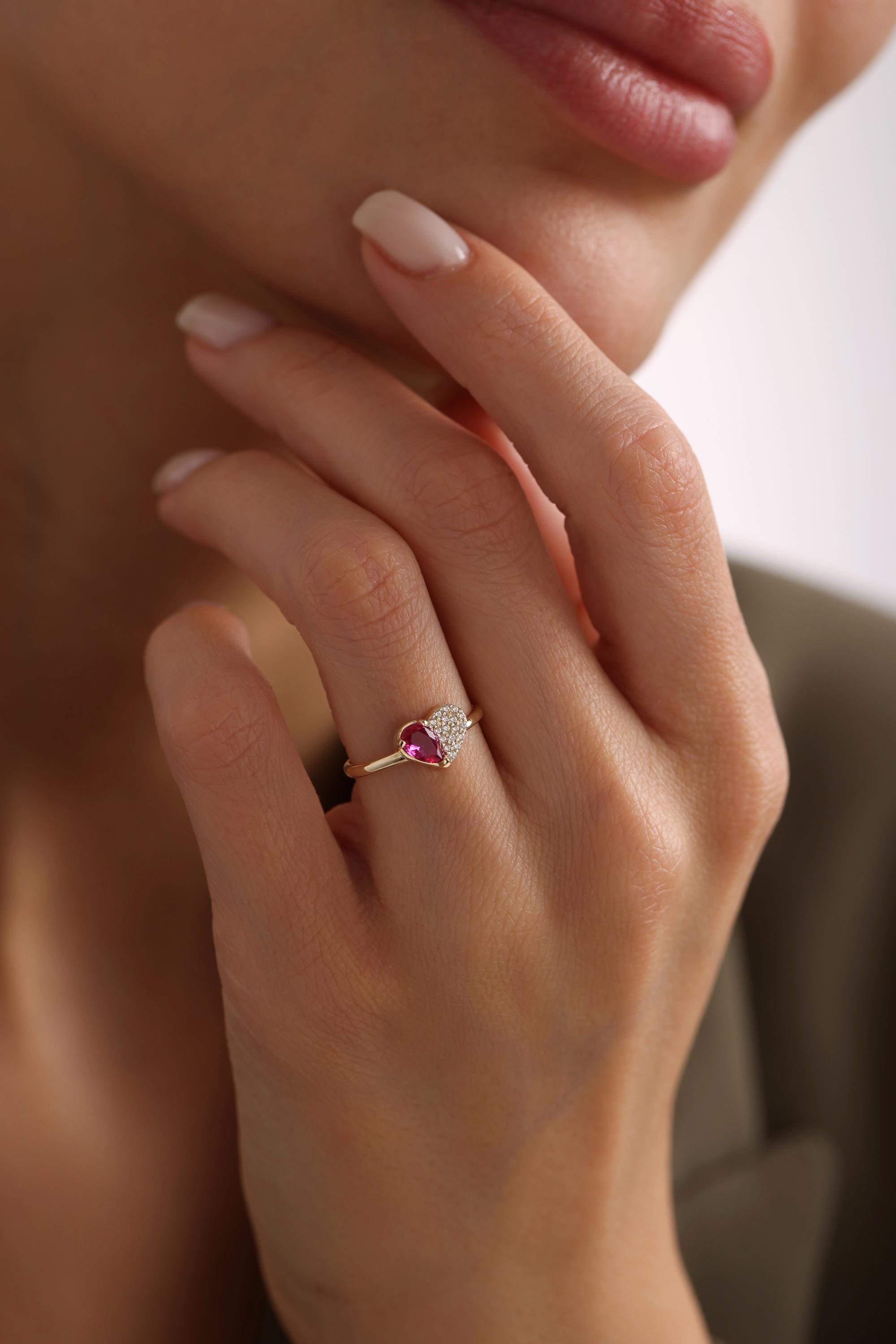 14K Solid Gold Pear Pink Gemstone & Diamond Ring