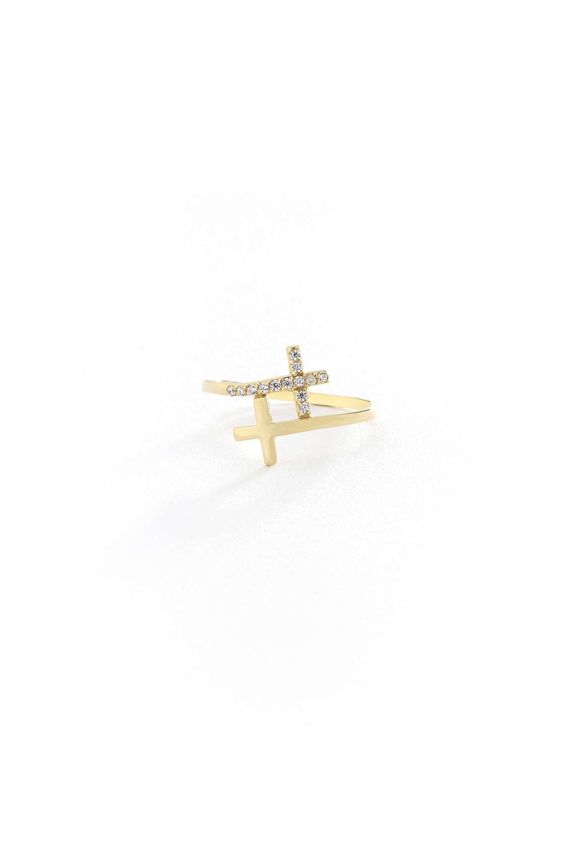 14K Gold Double Cross Bypass Ring