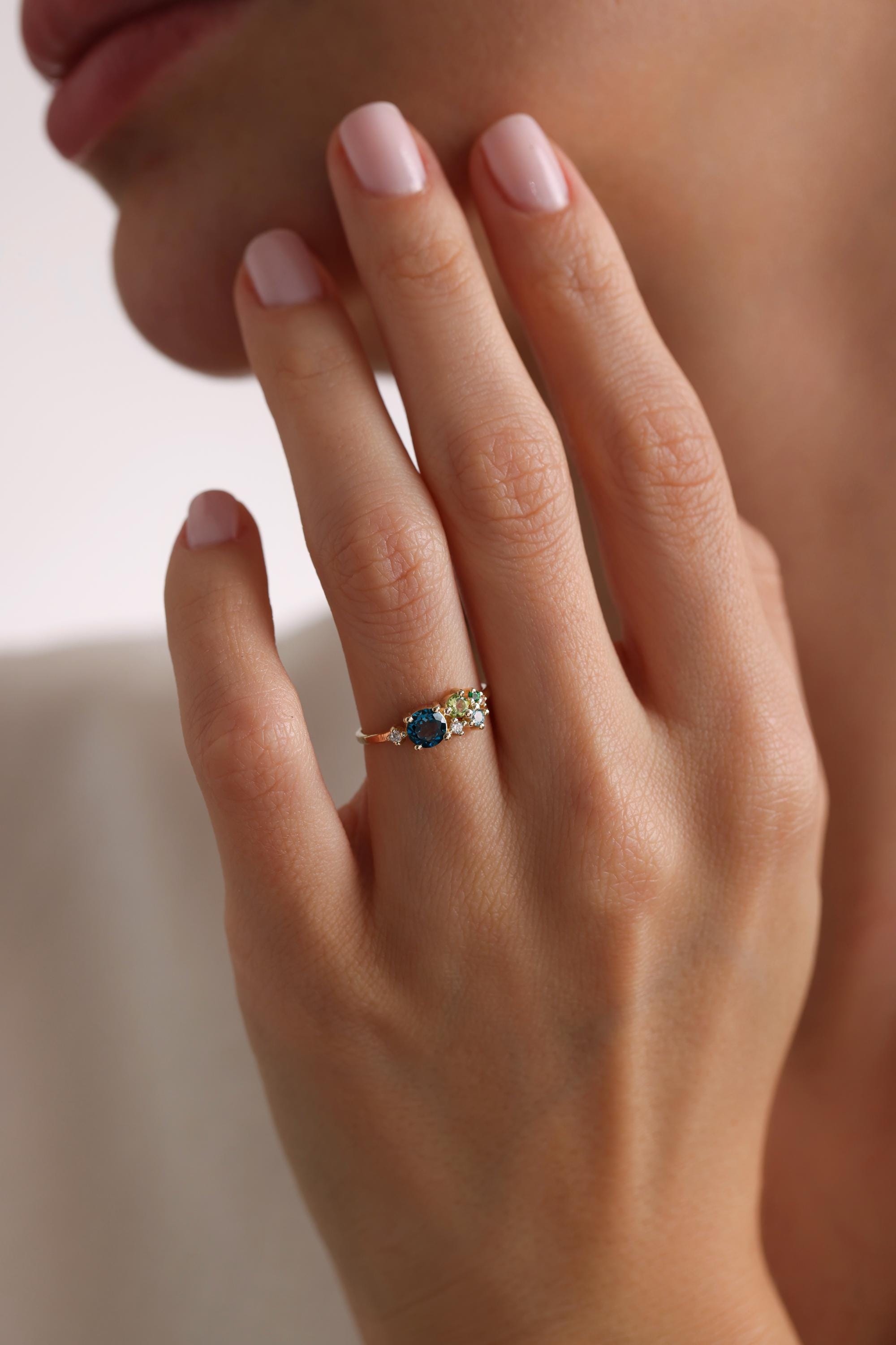 14K Solid Gold Blue Gemstone Cluster Ring