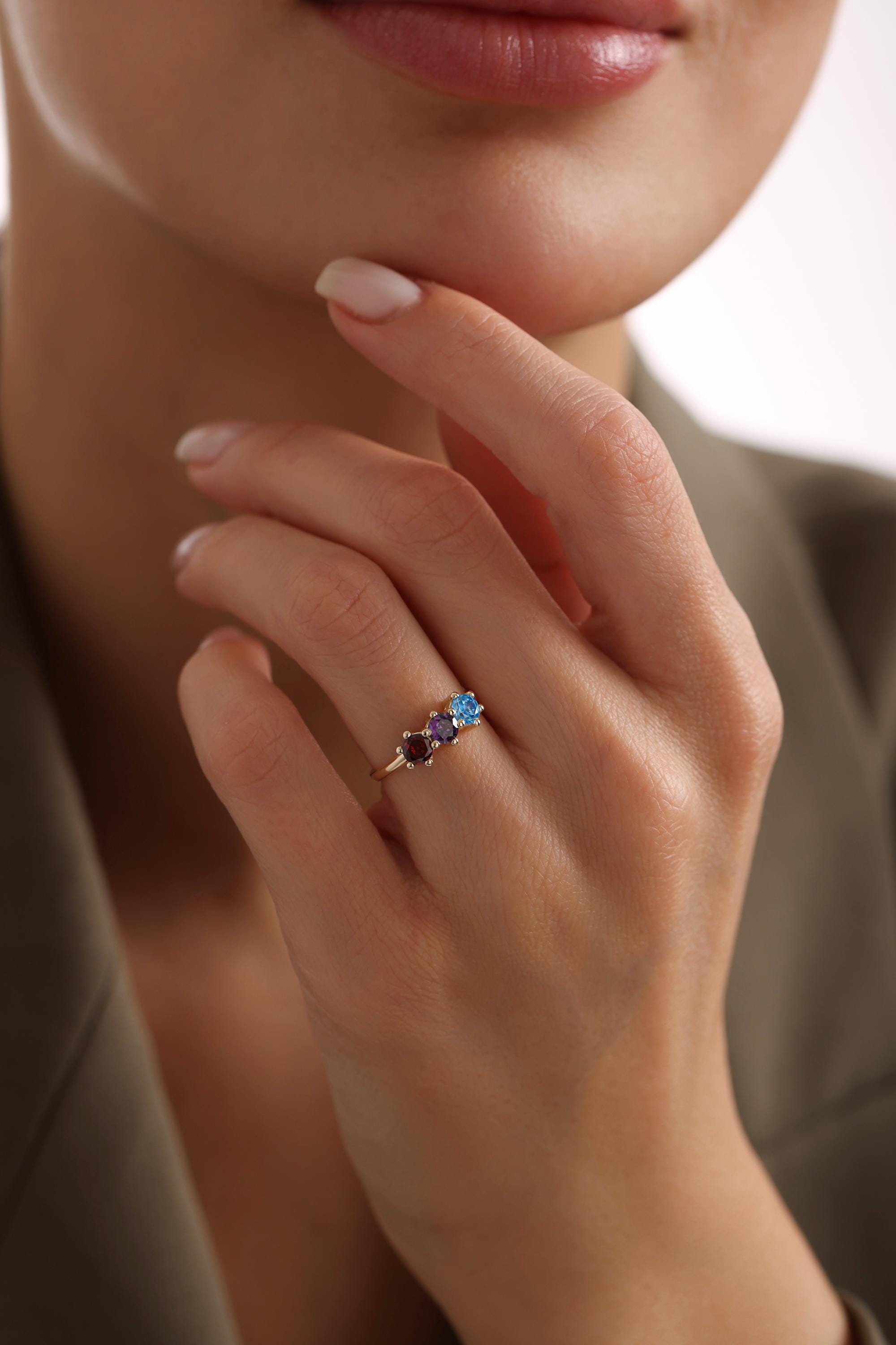 14K Solid Gold Multicolor Three Stone Ring