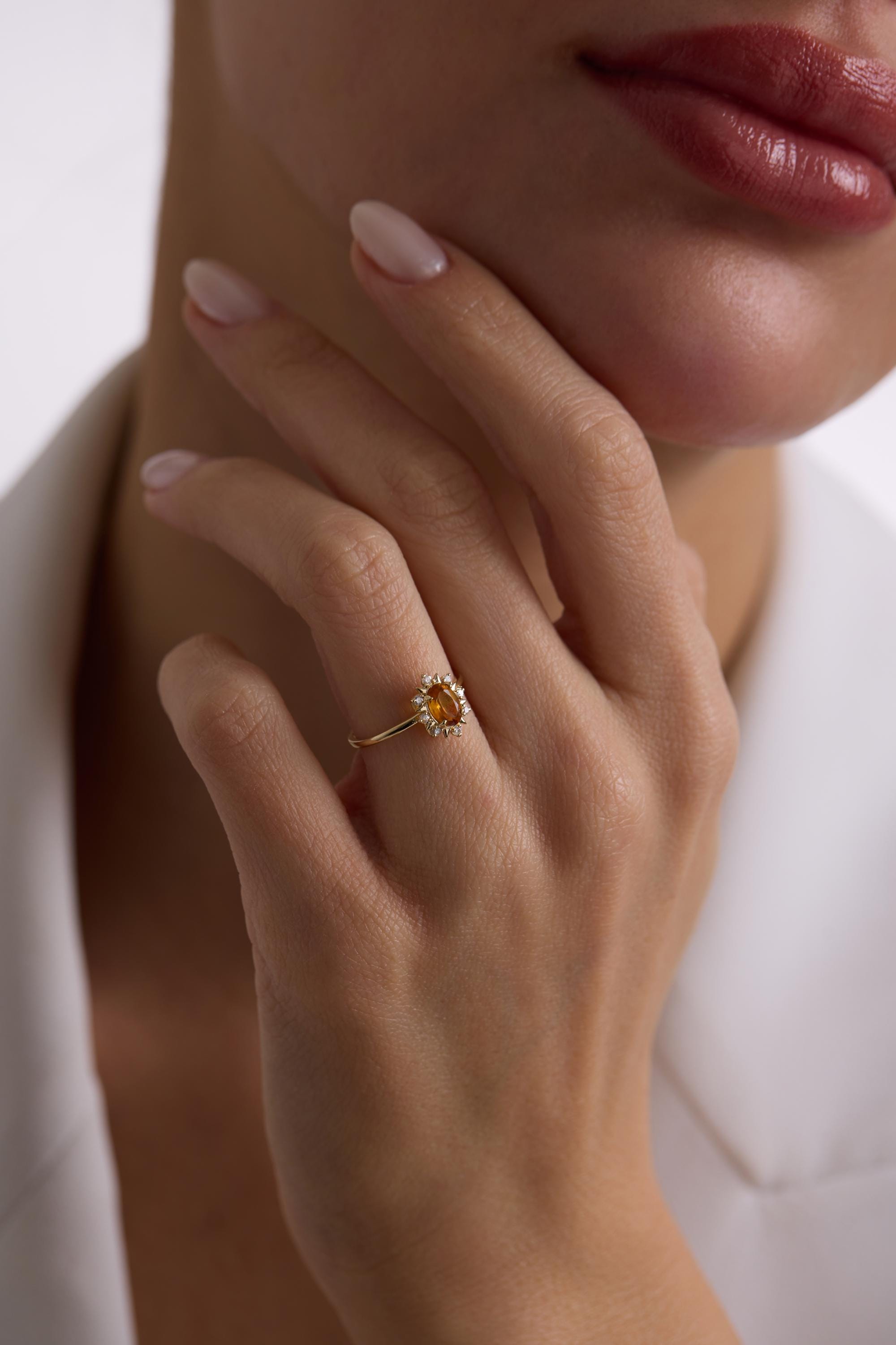 14K Gold Oval Citrine Halo Ring