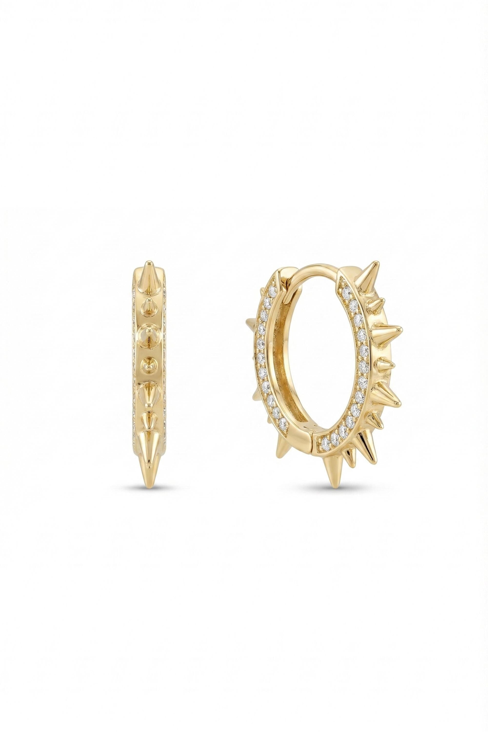 14K Gold Pavé Spiked Huggie Hoop Earrings
