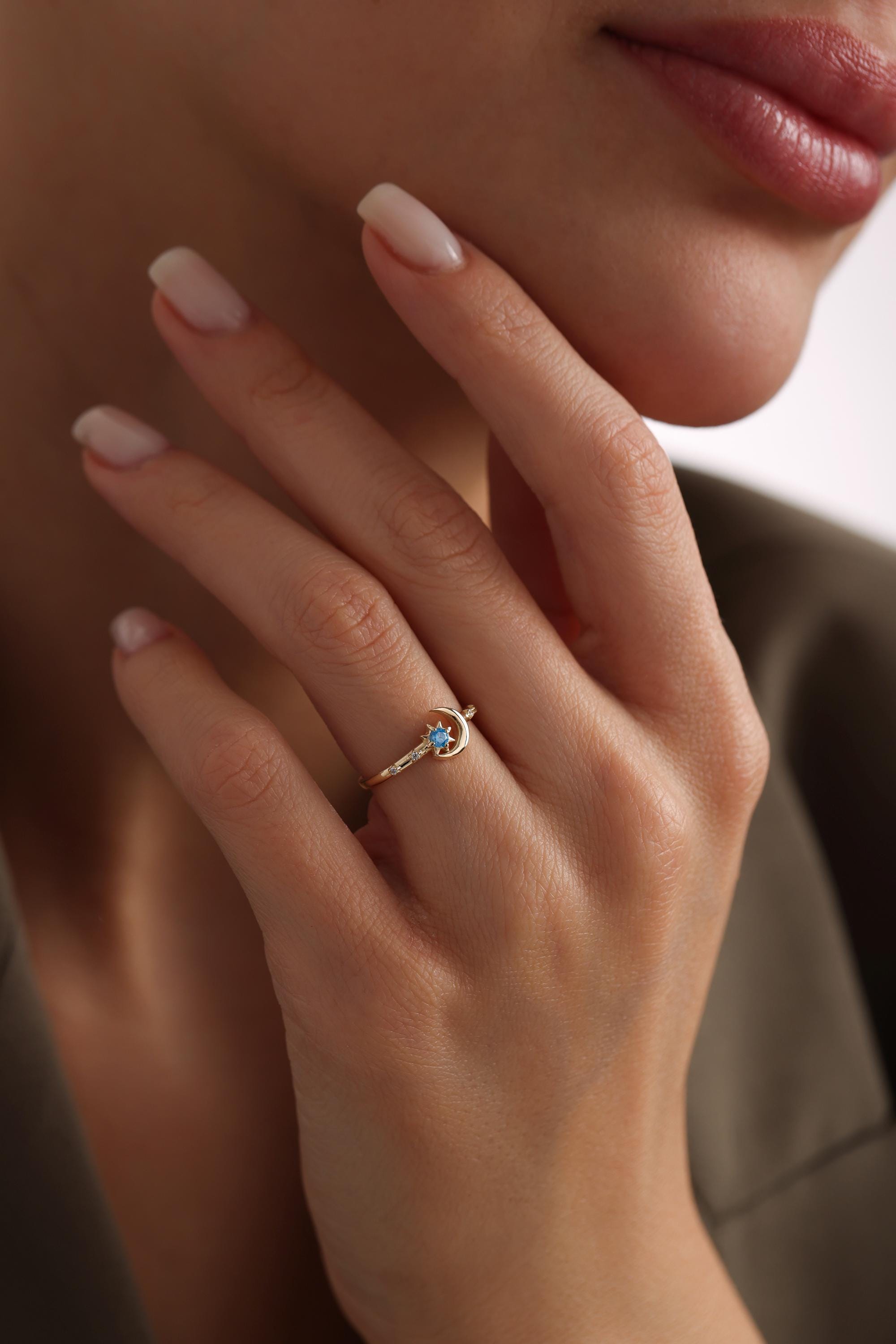 14K Gold Moon Star Ring