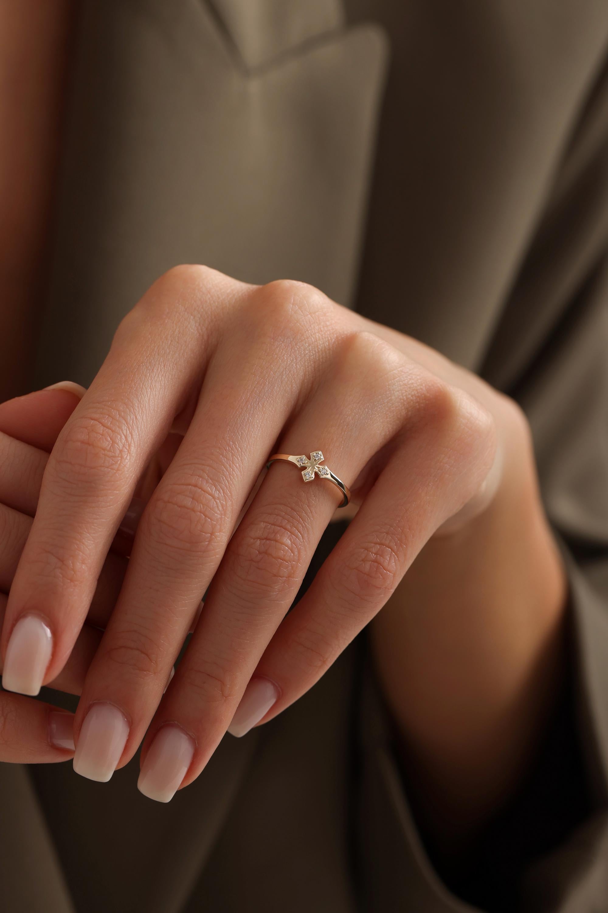 14K Pave Cz Cross Ring
