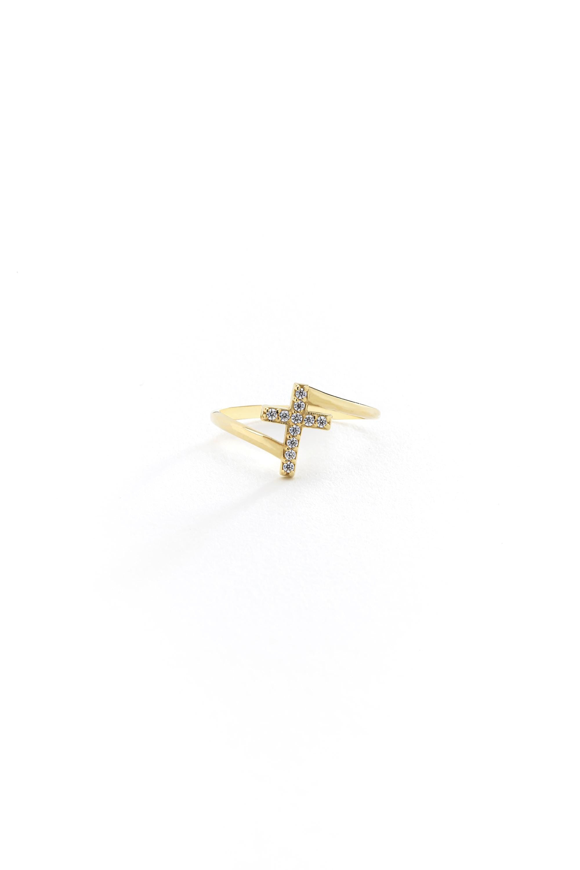 14K Pave Cz Small Cross Ring