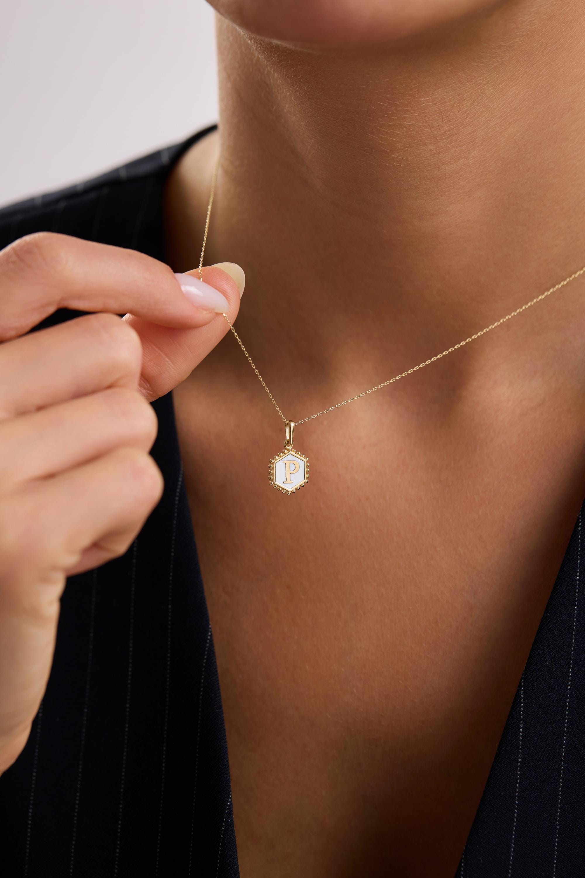 14K Gold Initial Hexagon Necklace