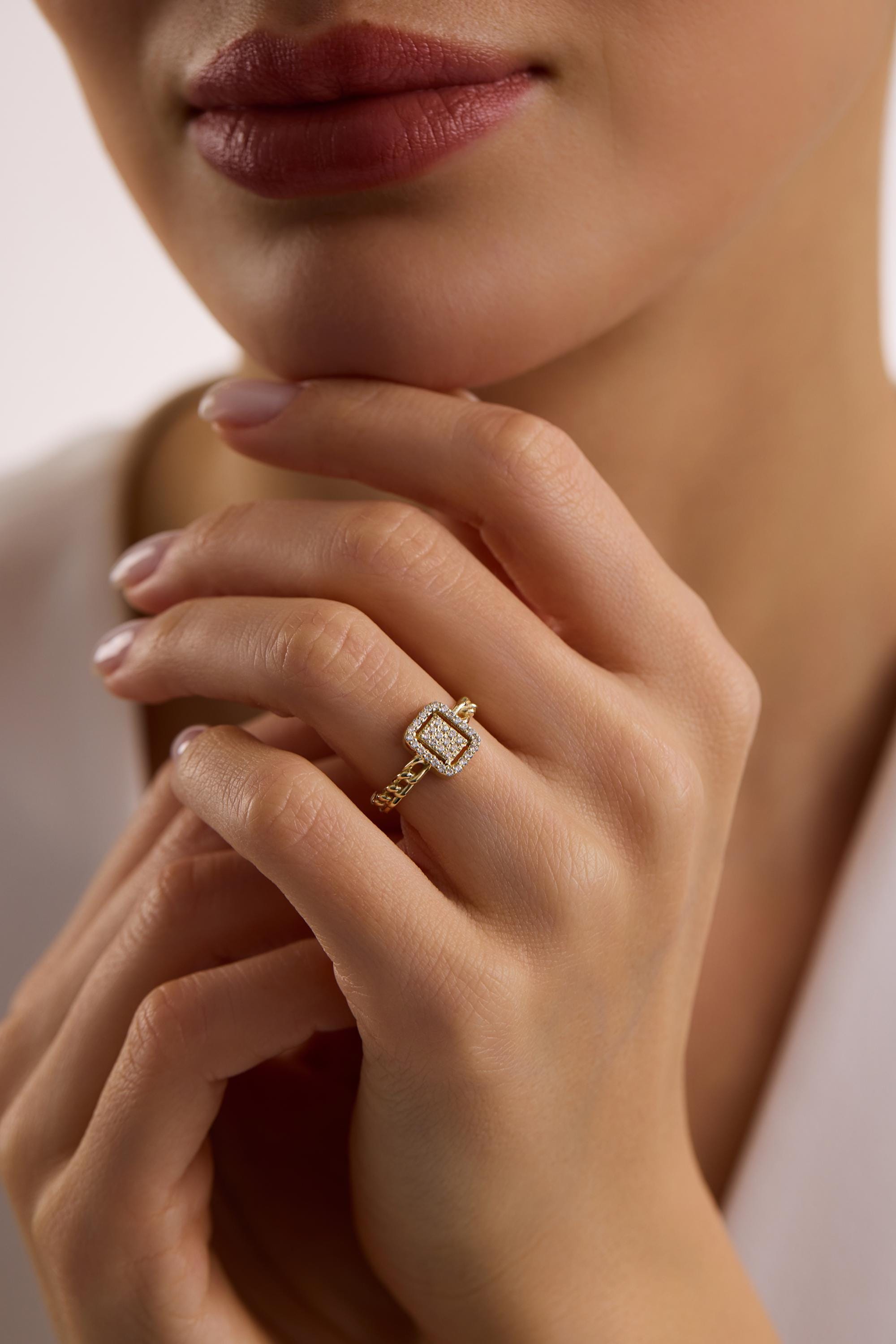 14K Gold Rectangle Halo Cluster Ring