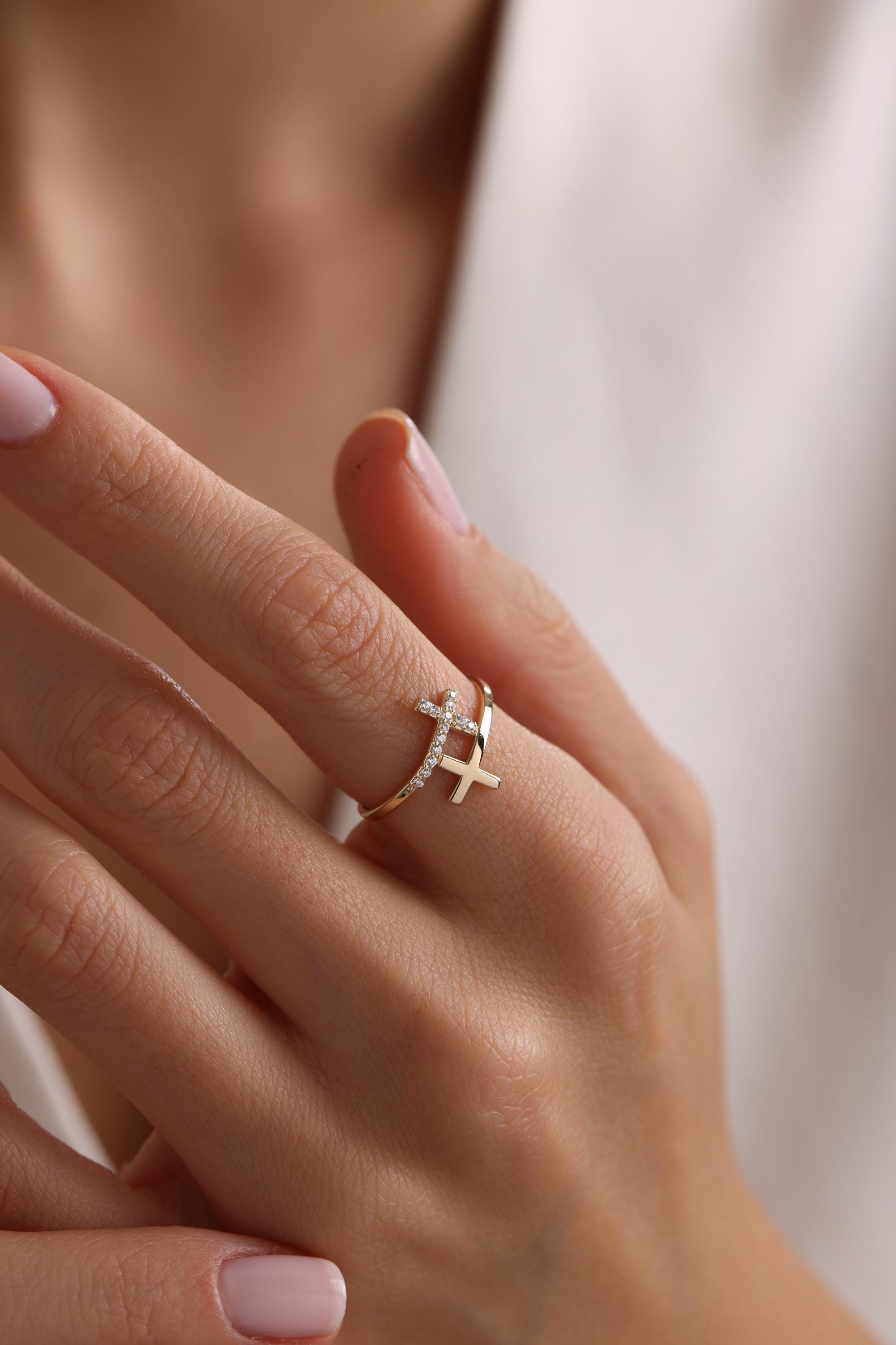 14K Gold Double Cross Bypass Ring