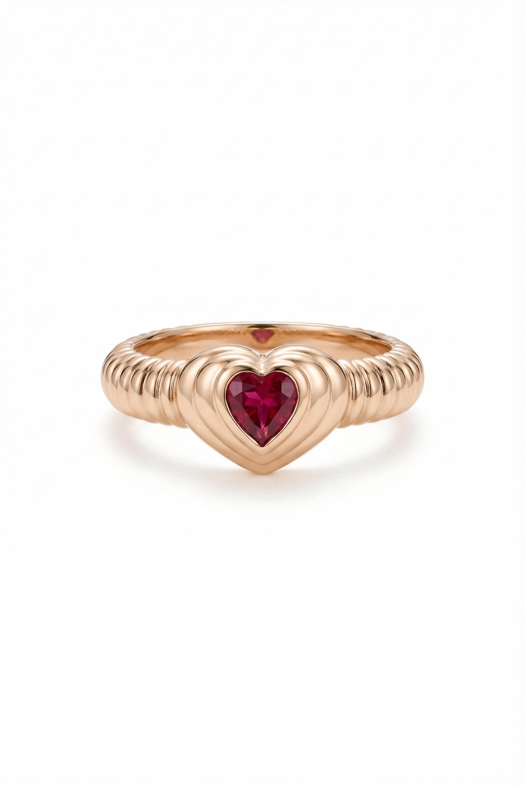 14K Solid Gold Twisted Rope Red Gemstone Ring