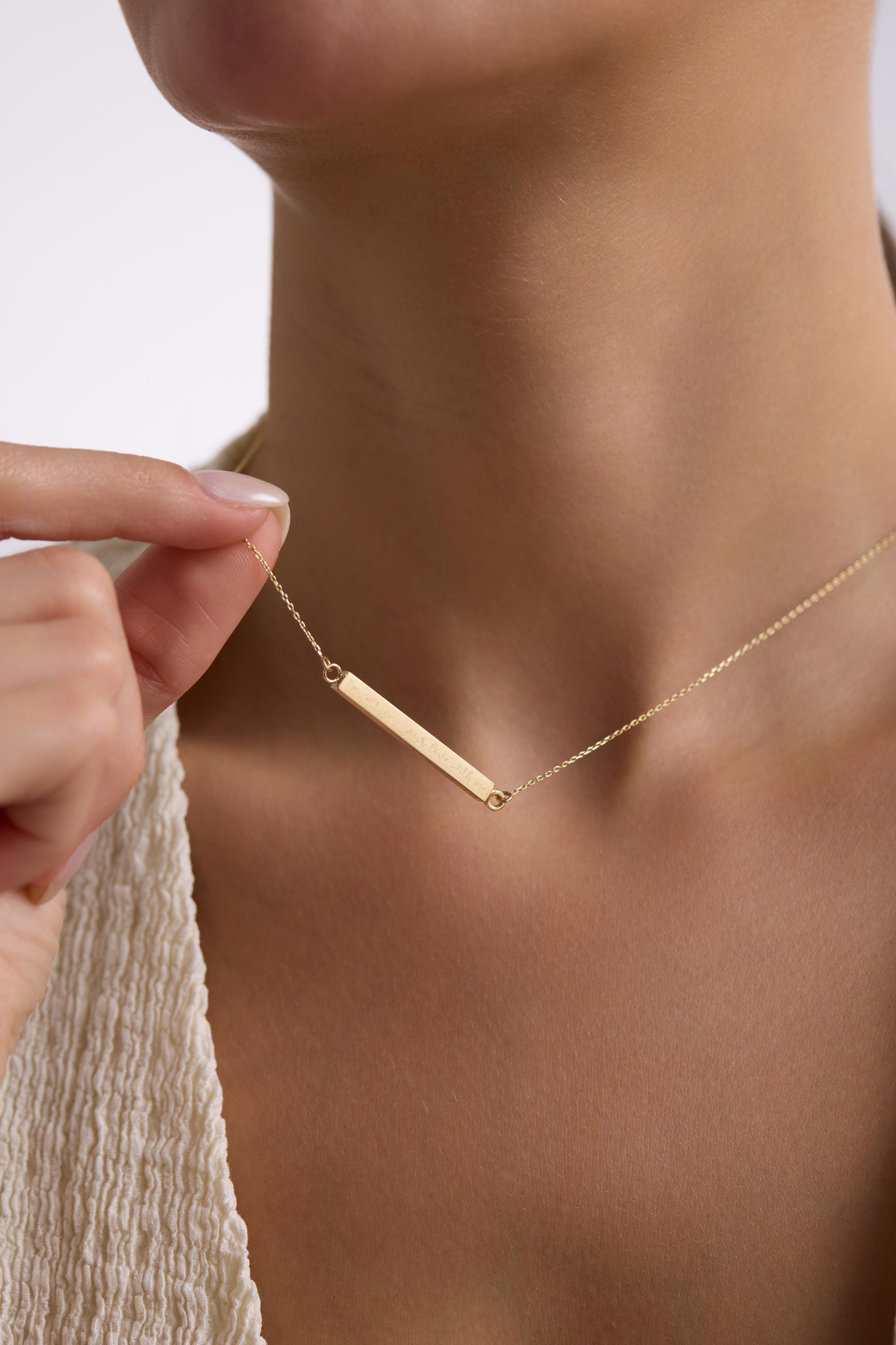 14k Gold Horizontally 3D Full Solid Bar Necklace