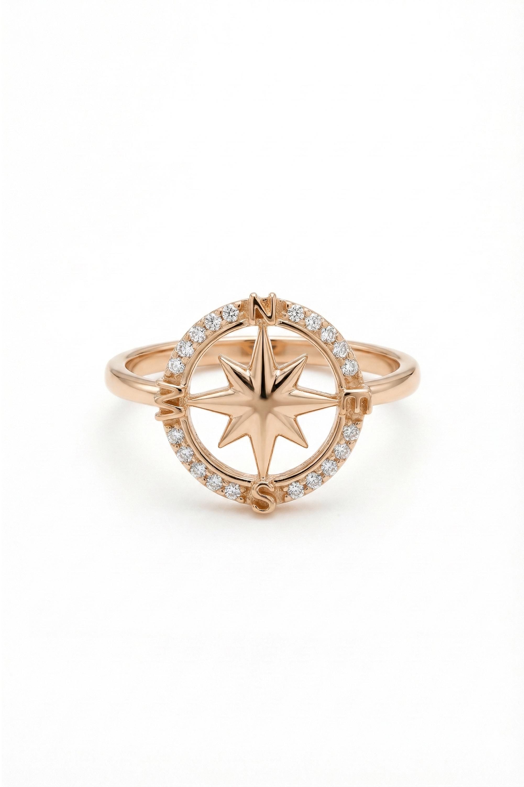 14K Gold Compass Starburst Pavé Halo Ring