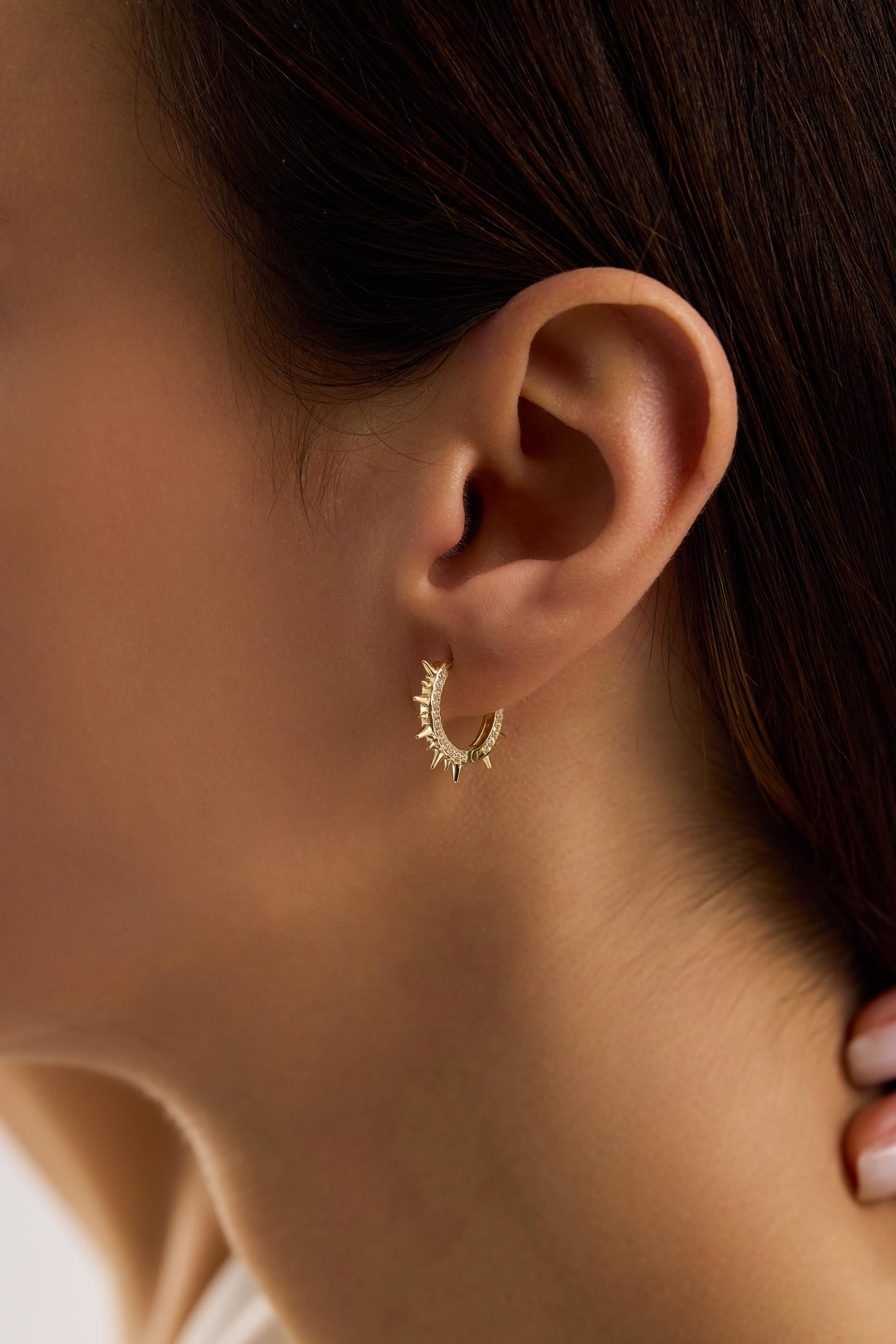 14K Gold Pavé Spiked Huggie Hoop Earrings