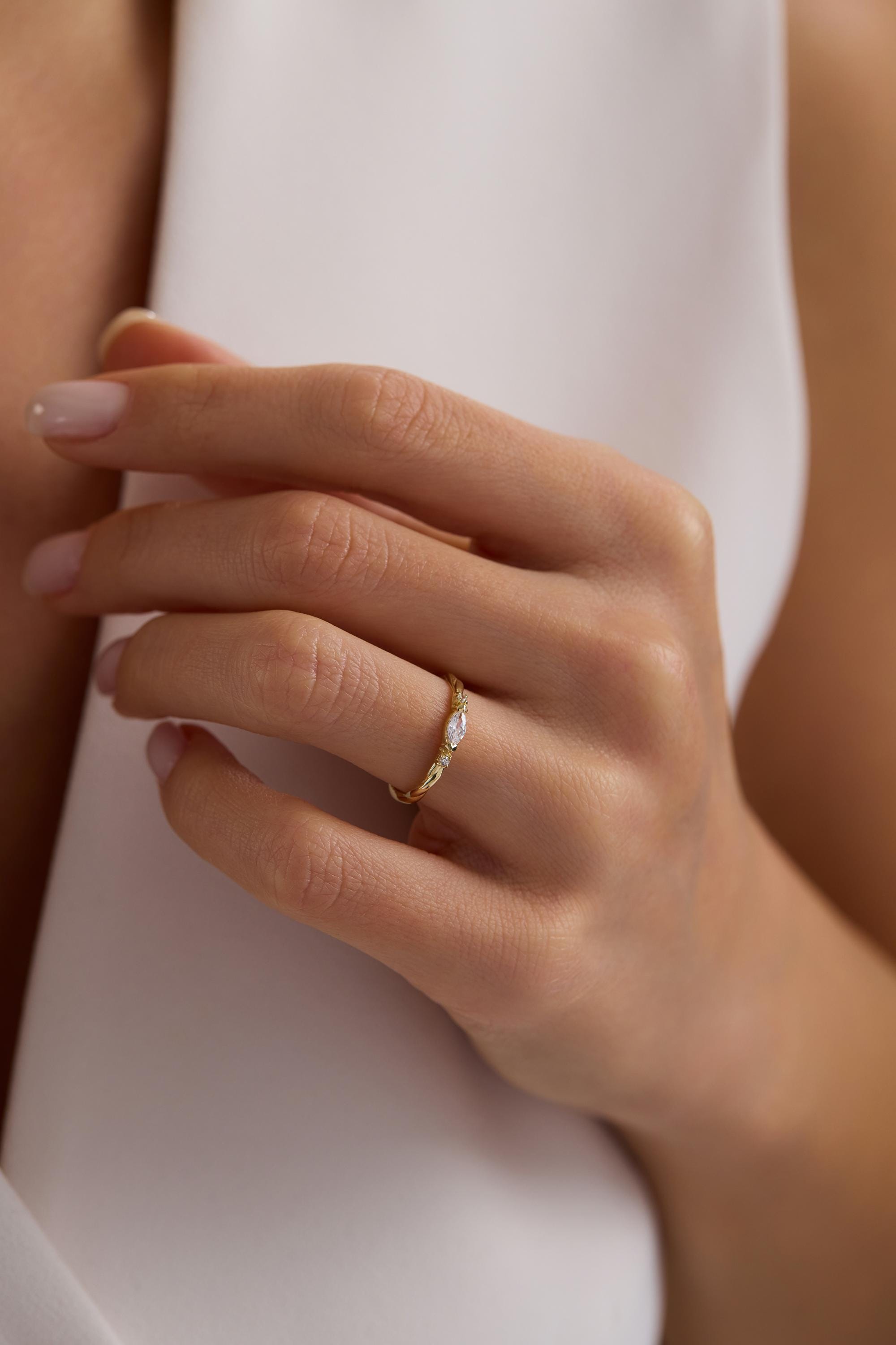 14K Gold East West Marquise Twisted Band Ring