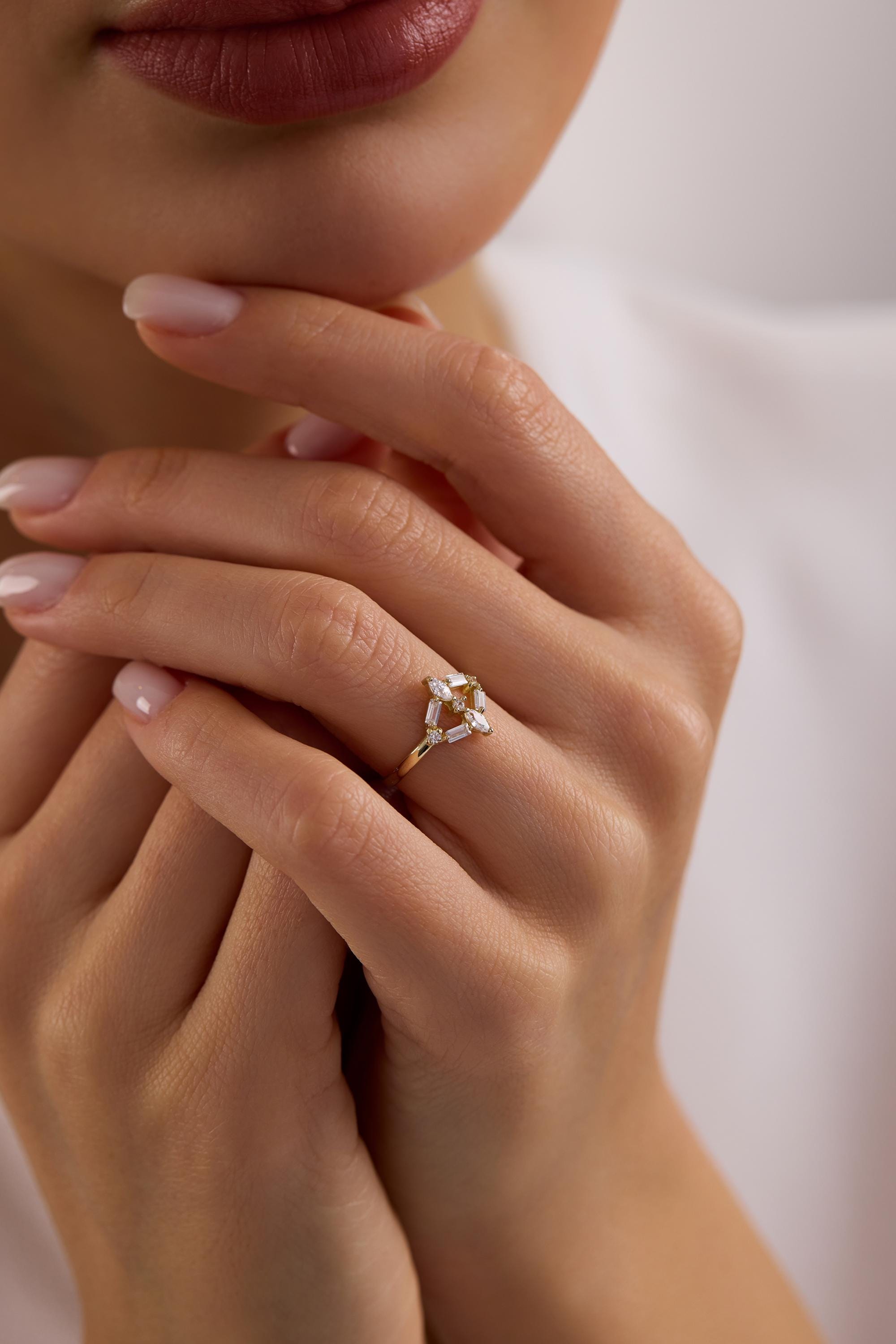 14K Gold Mixed Cut Baguette Marquise Chevron Ring