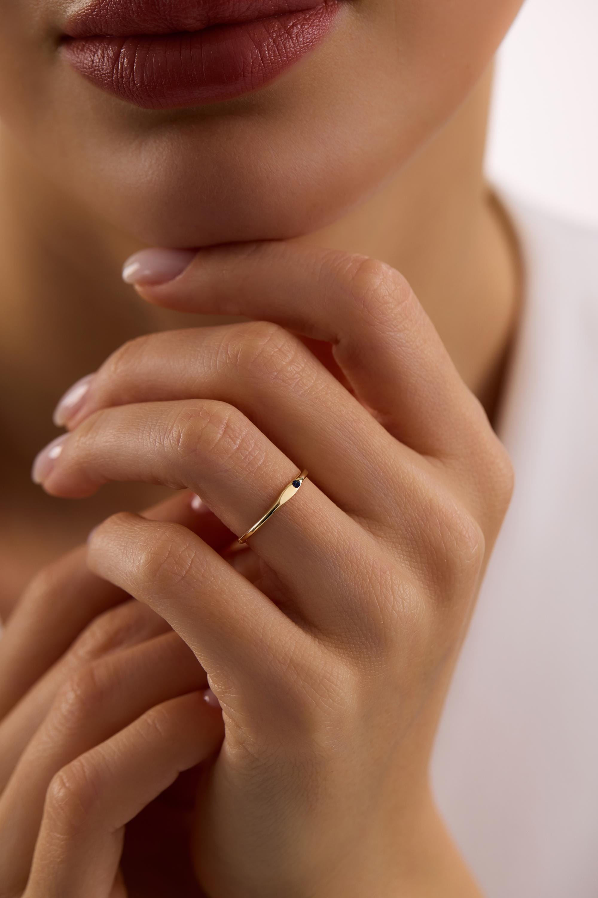 14K Gold Dainty Sapphire Marquise Bar Ring