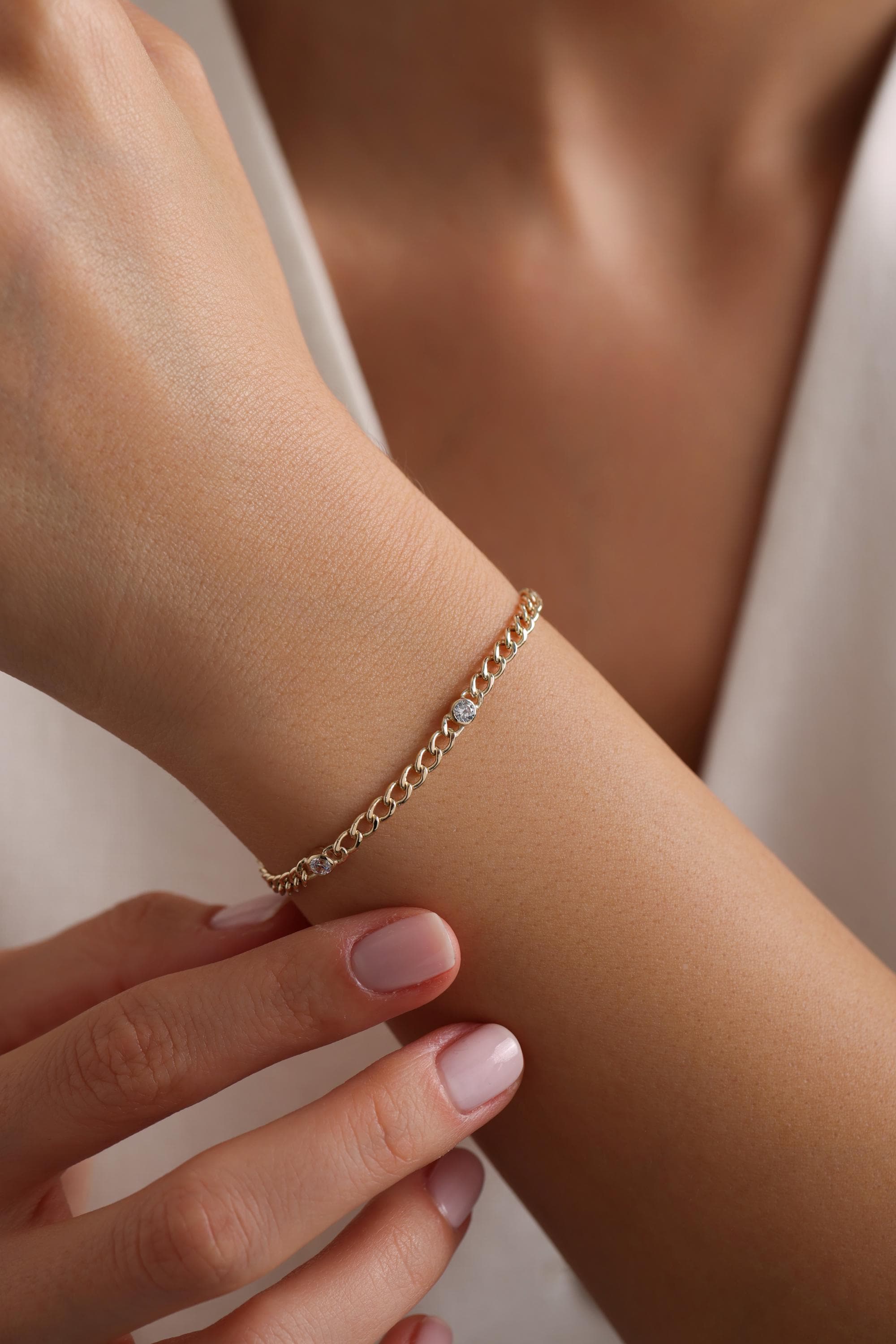 14K Gold Bezel Station Curb Chain Bracelet