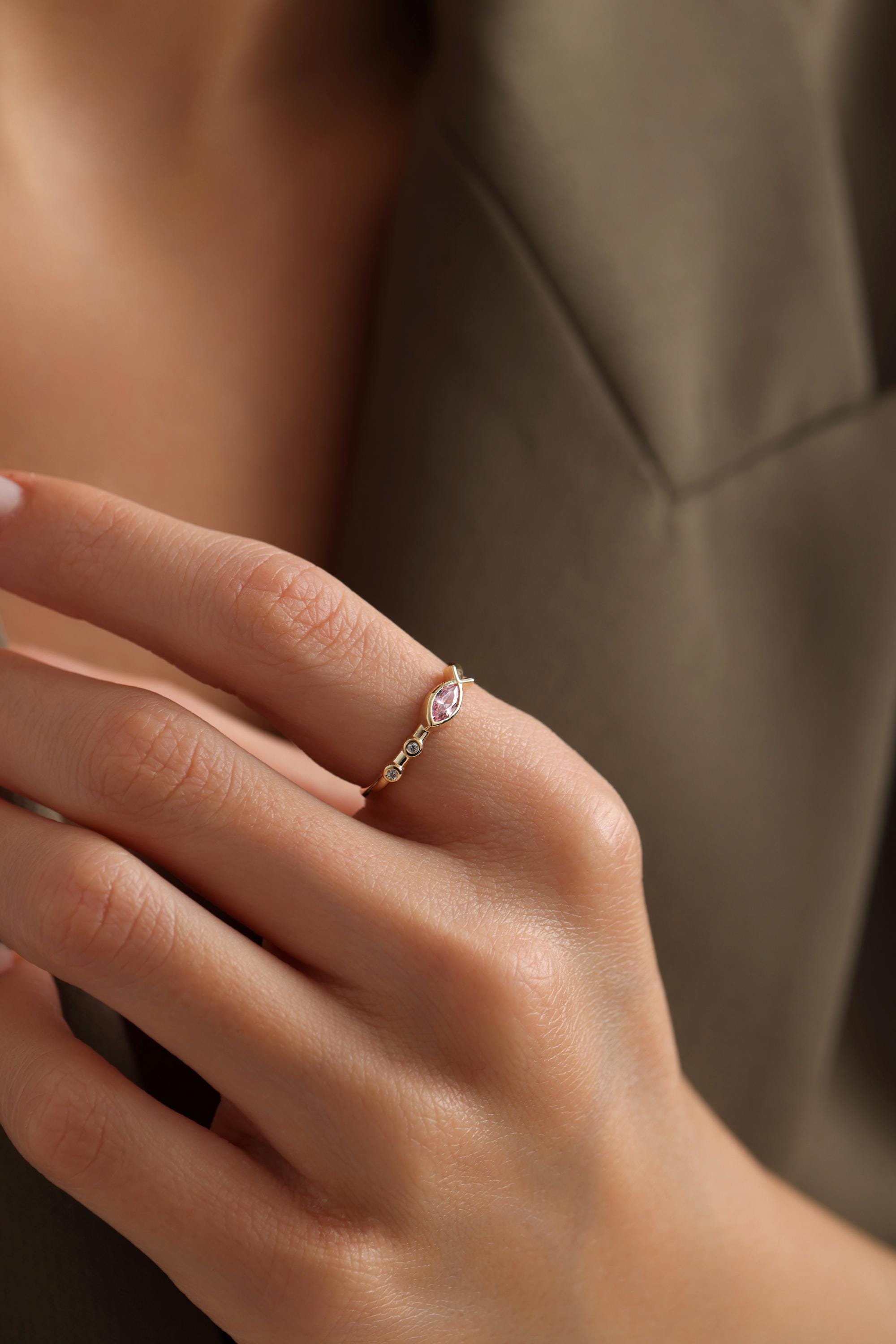 14K Solid Gold Pink Sapphire Fish Ring