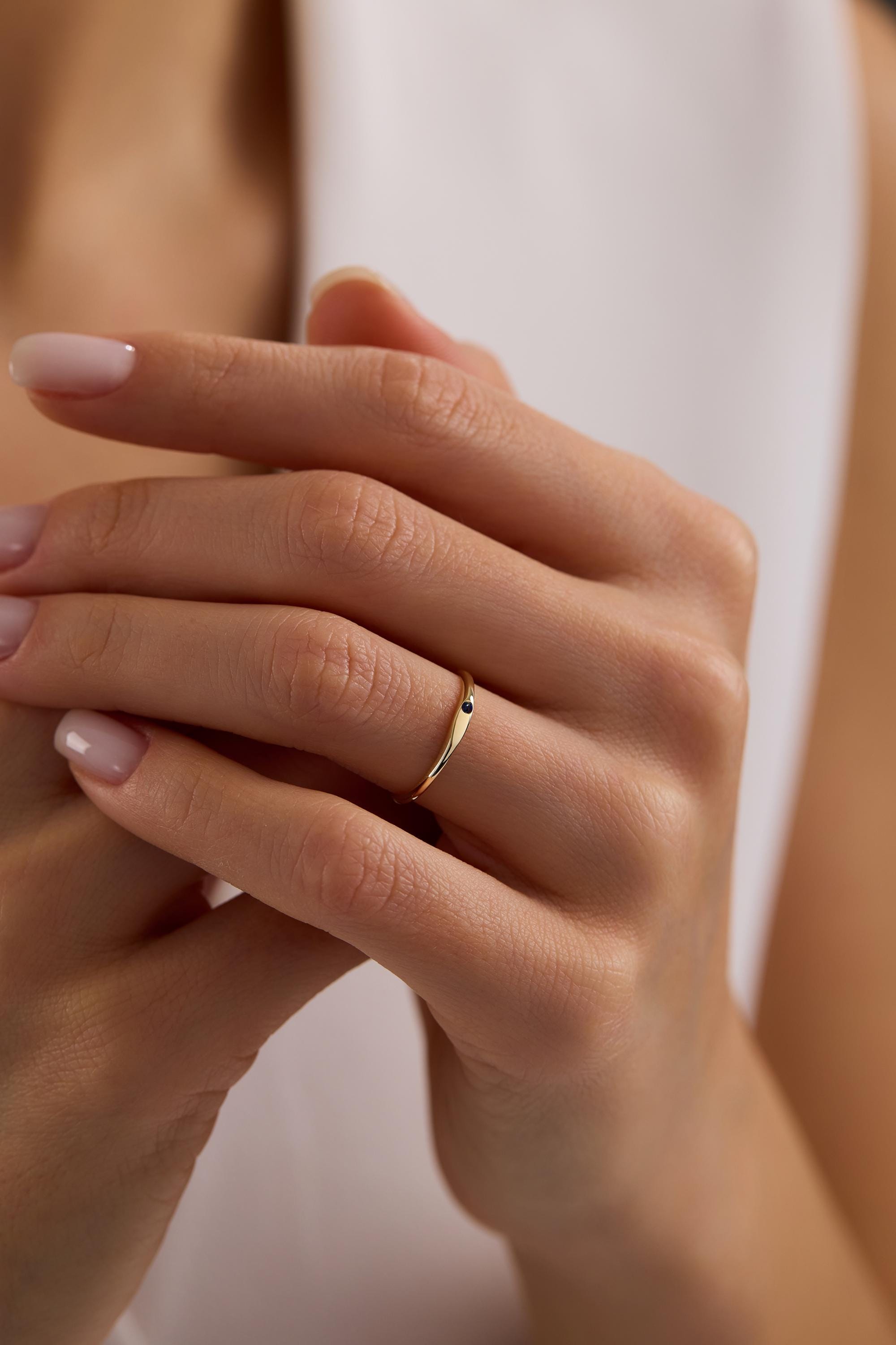 14K Gold Dainty Sapphire Marquise Bar Ring