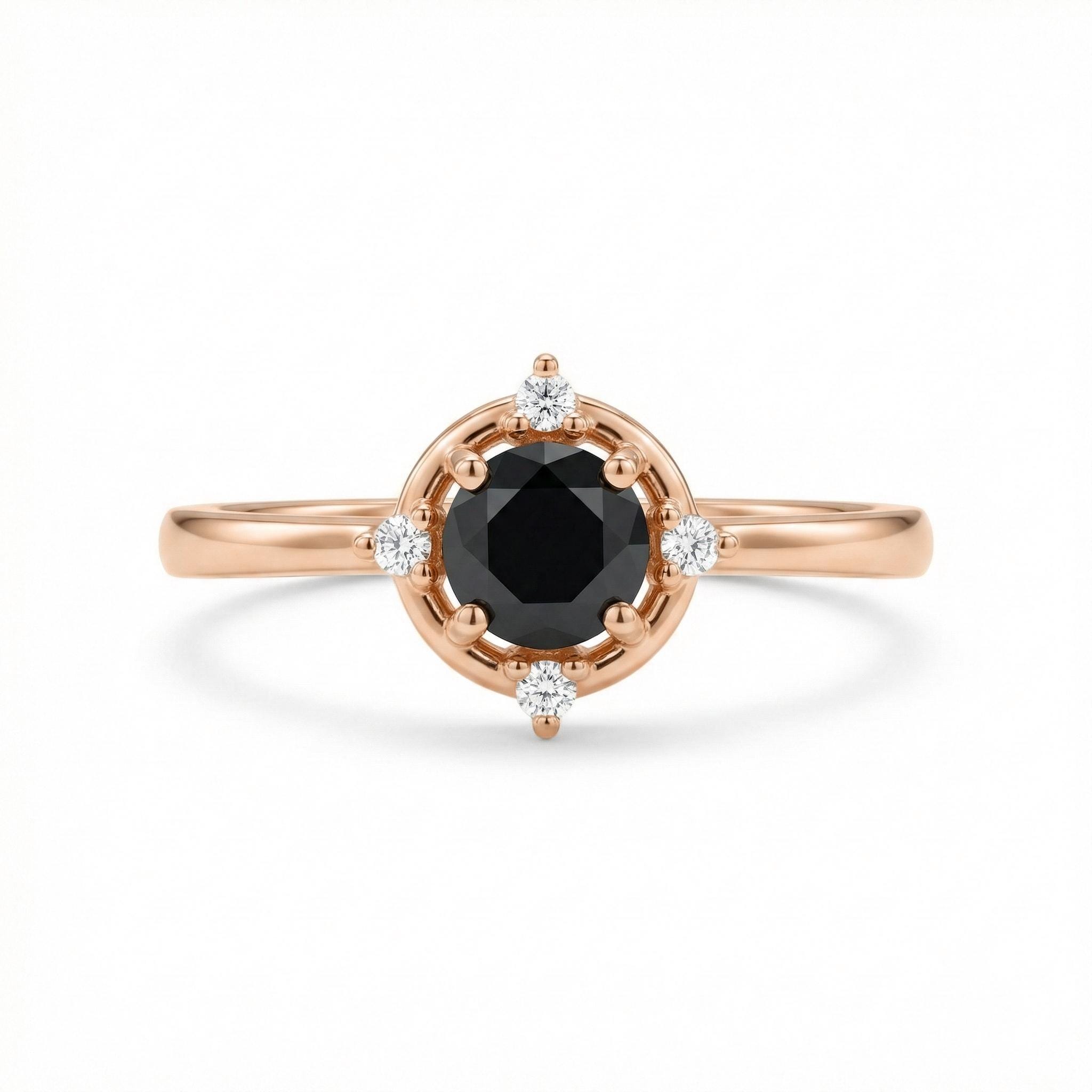 14K Gold Black Stone Halo Ring Minimal Round Center Accent Ring