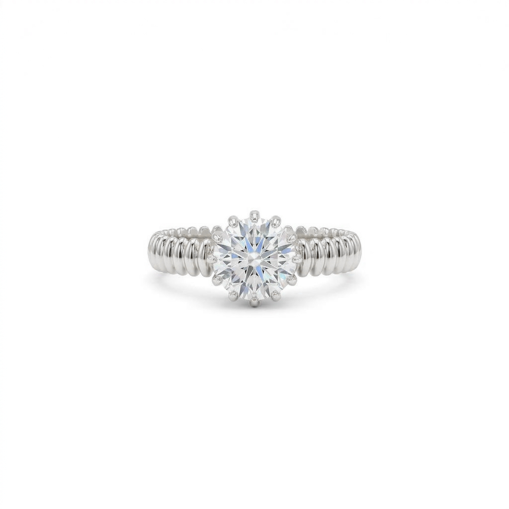 14K Gold Round 1 Carat Lab Diamond Solitaire Ring with Ribbed Band