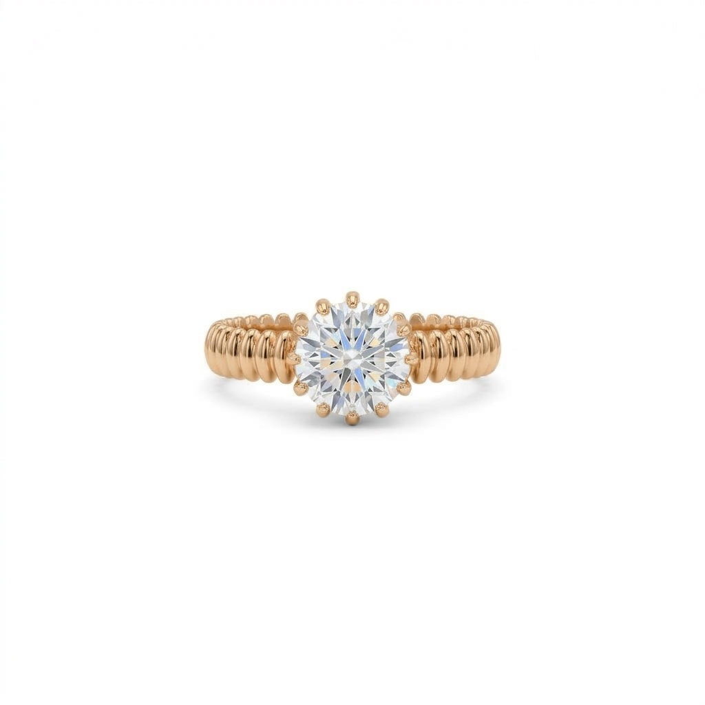 14K Gold Round 1 Carat Lab Diamond Solitaire Ring with Ribbed Band
