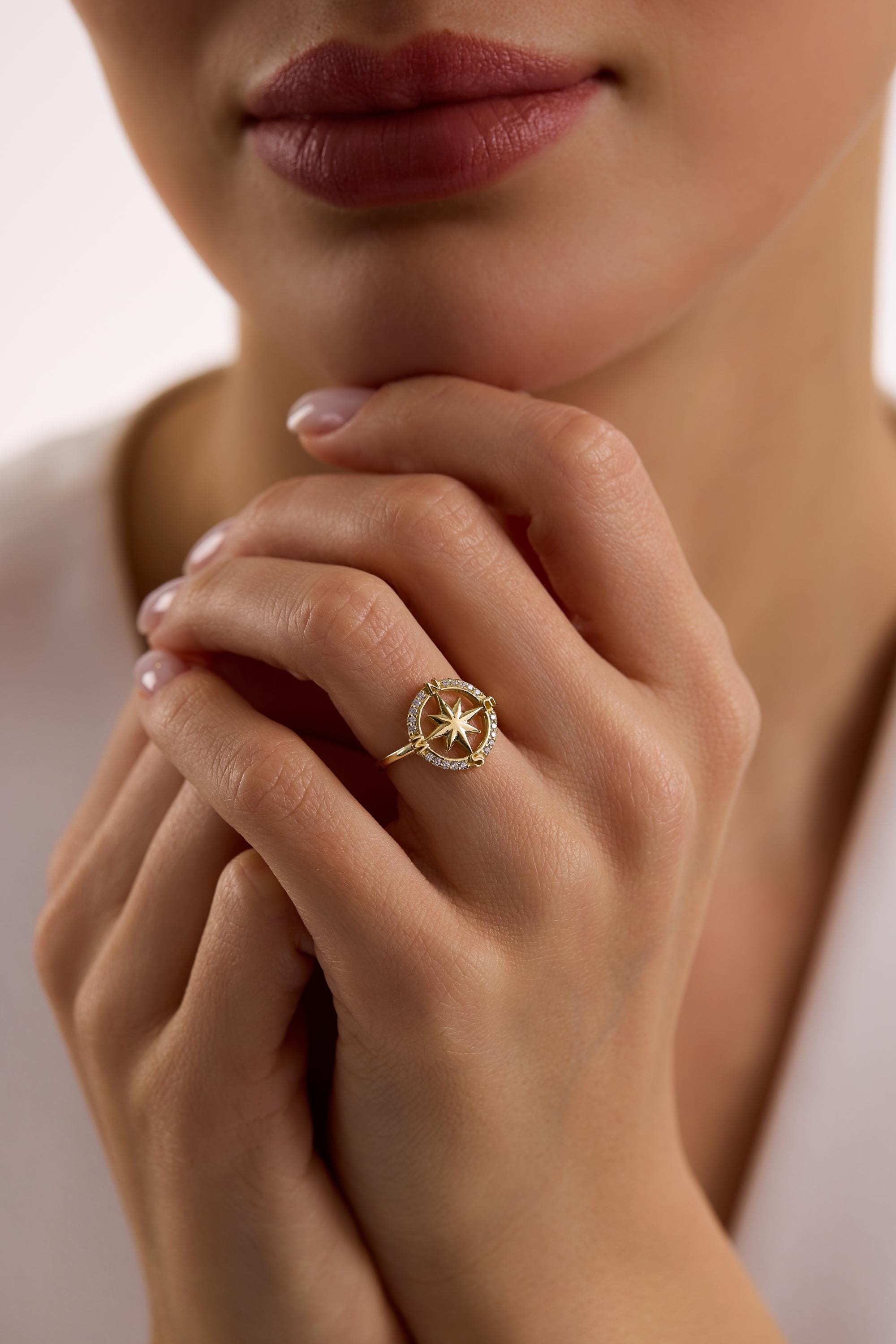 14K Gold Compass Starburst Pavé Halo Ring